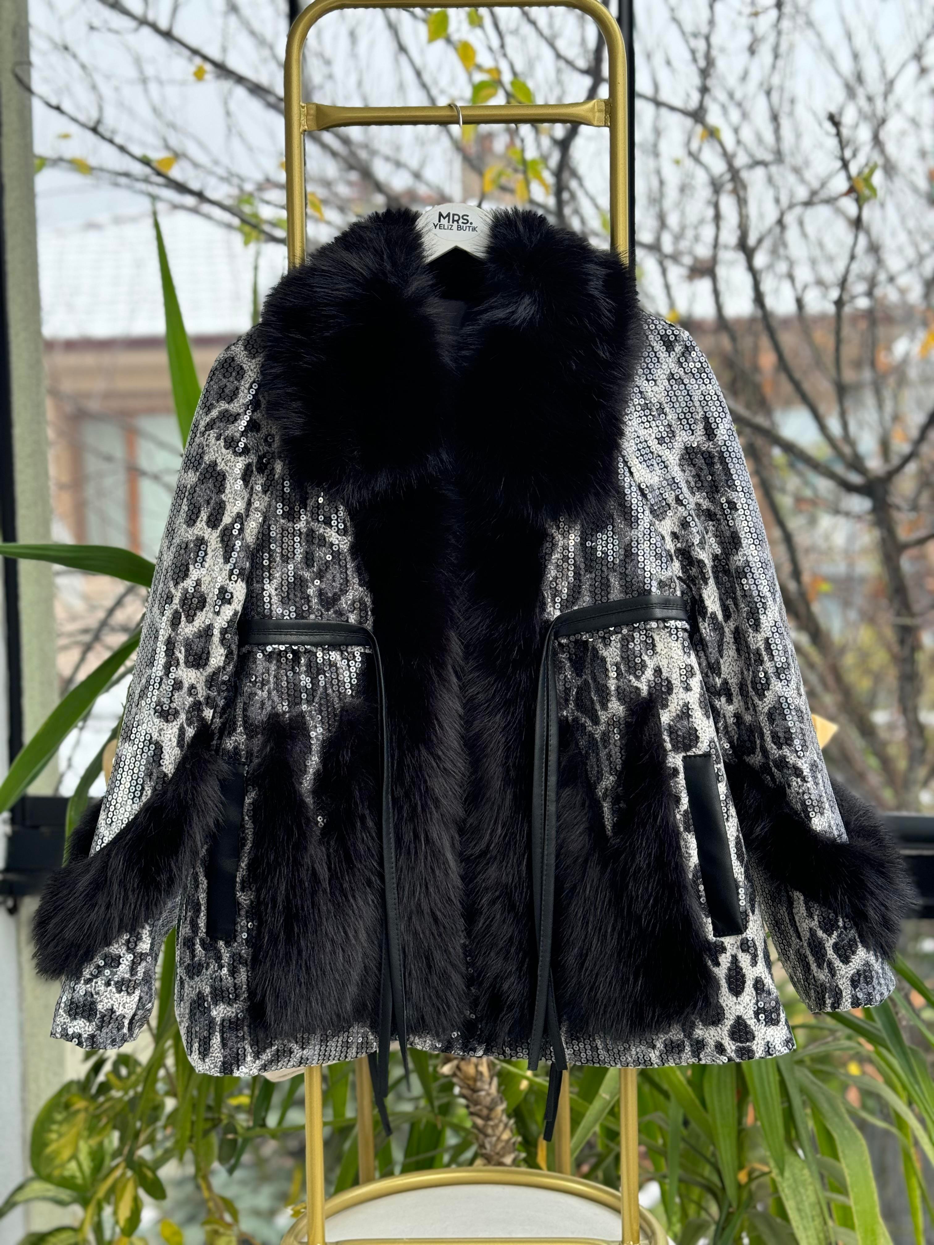 İthal Full Payetli Kürklü Mont Siyah