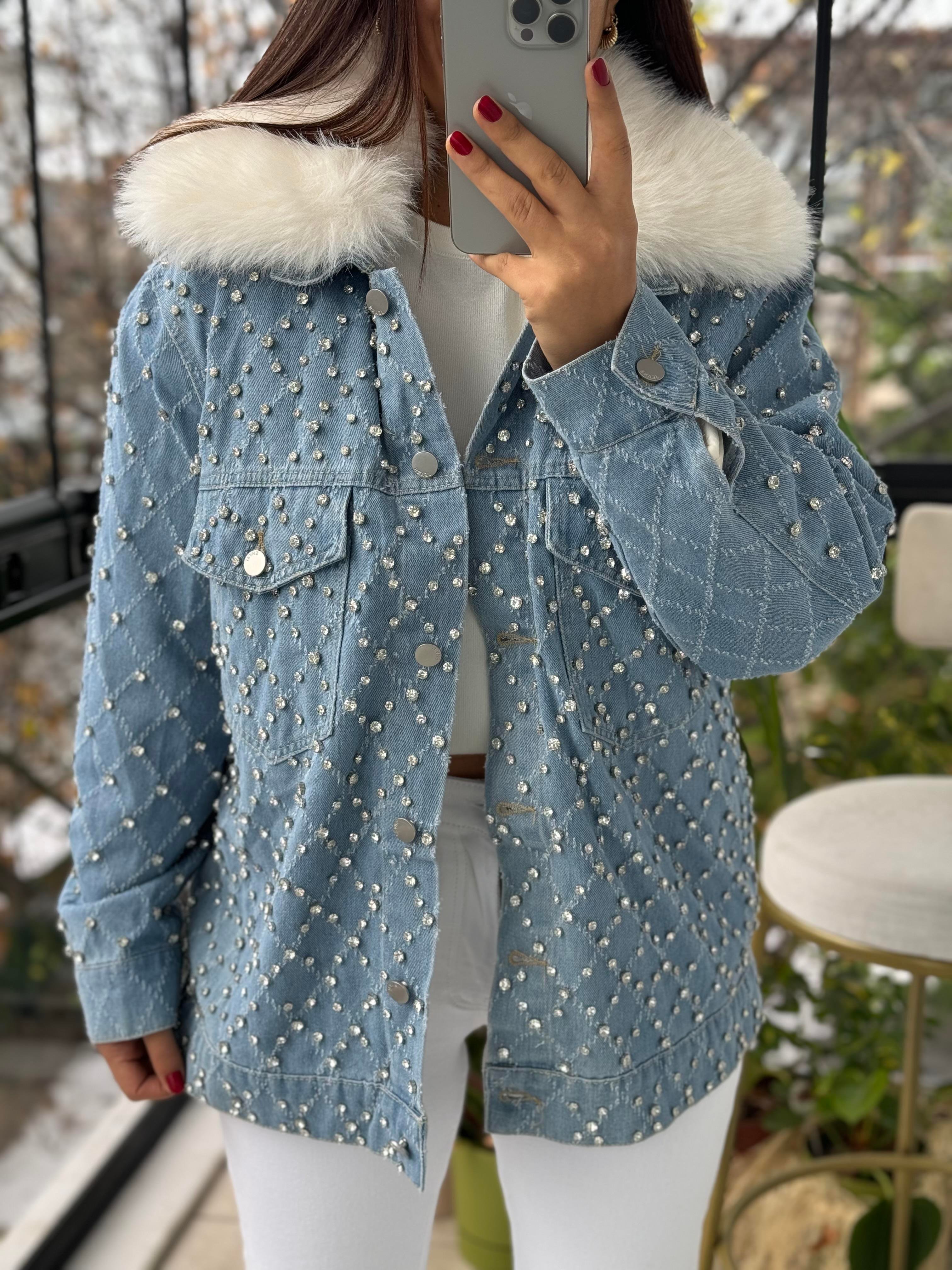 İthal Full Taşlı Peluşlu Ceket Mont Mavi