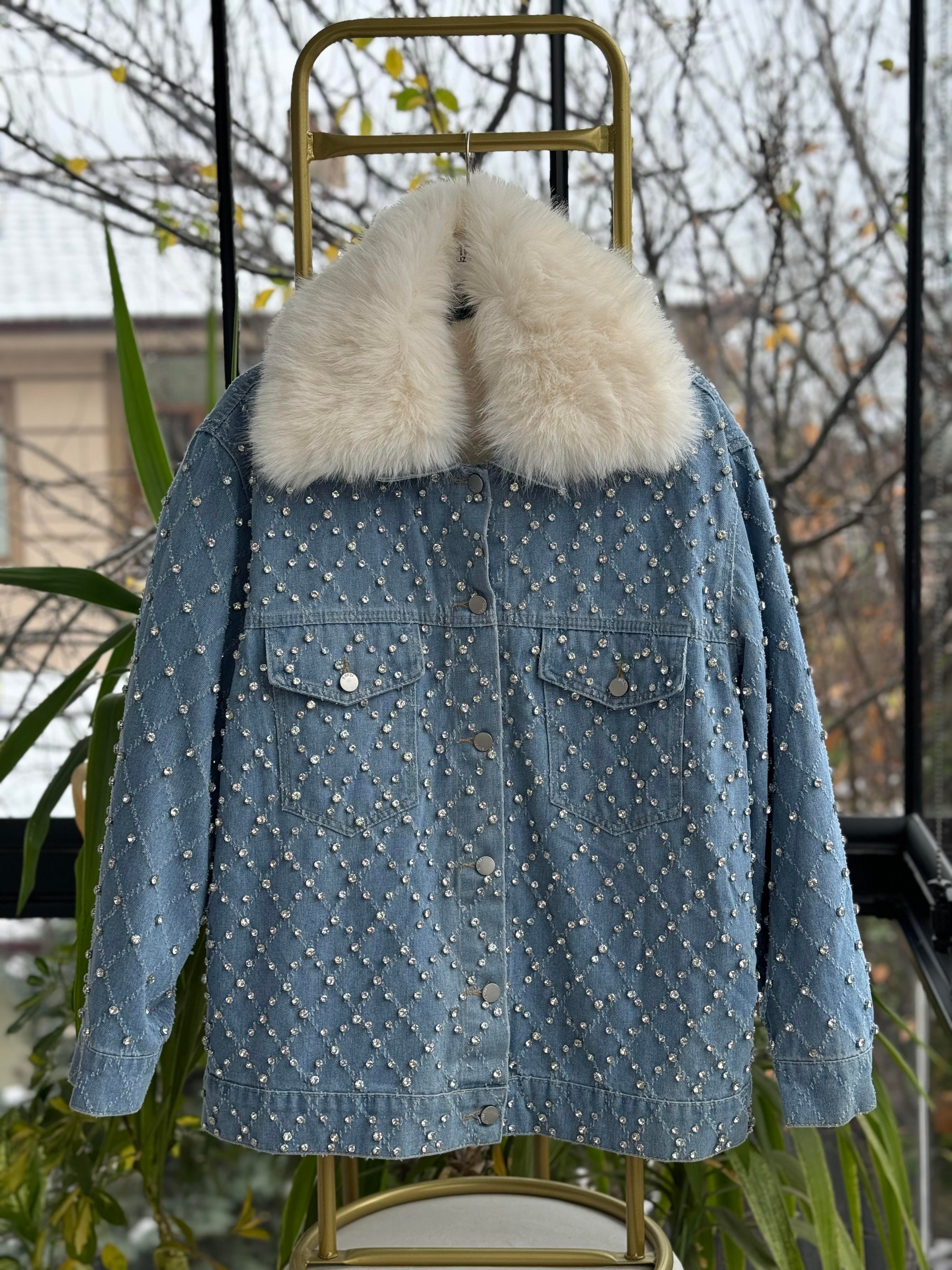 İthal Full Taşlı Peluşlu Ceket Mont Mavi