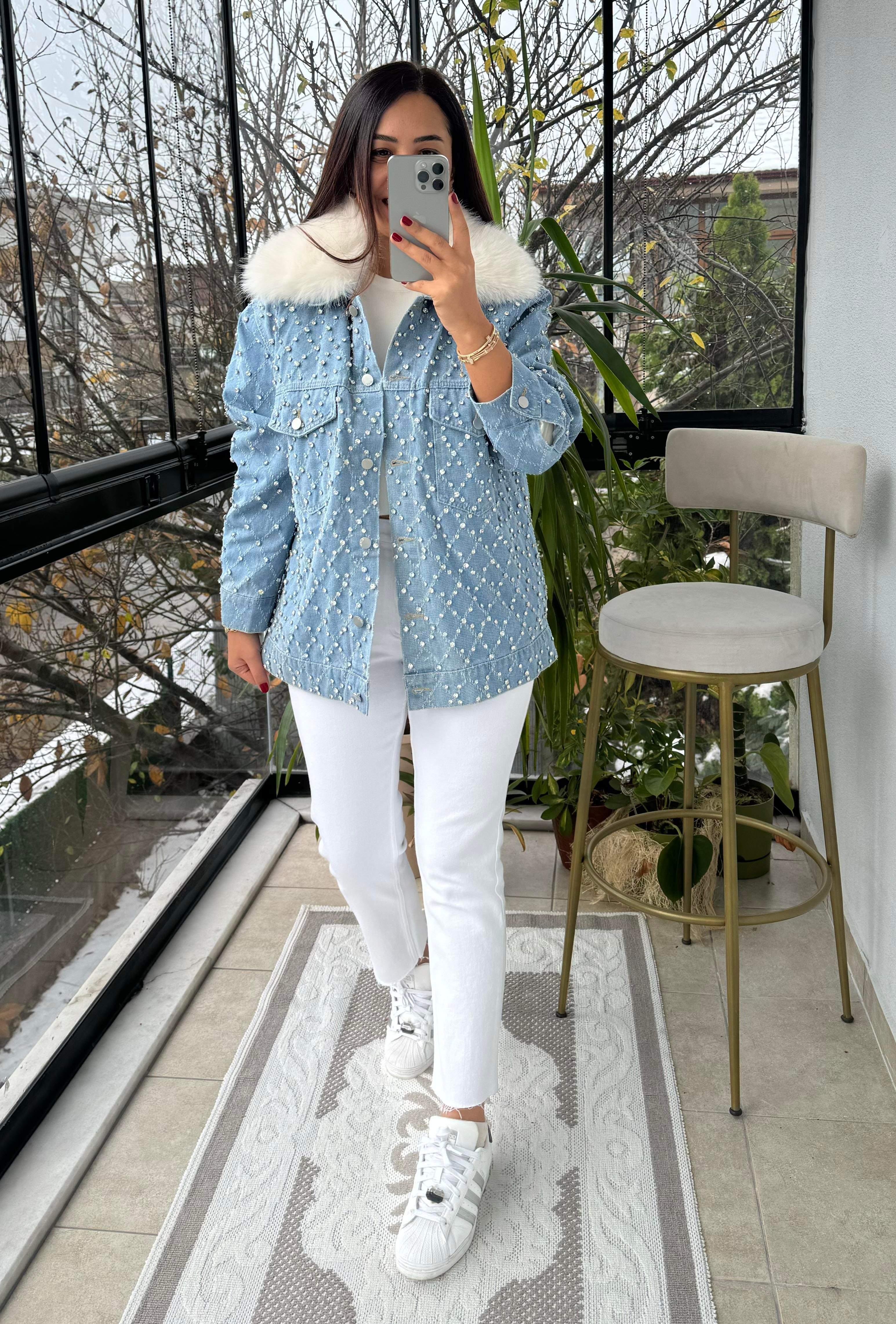İthal Full Taşlı Peluşlu Ceket Mont Mavi