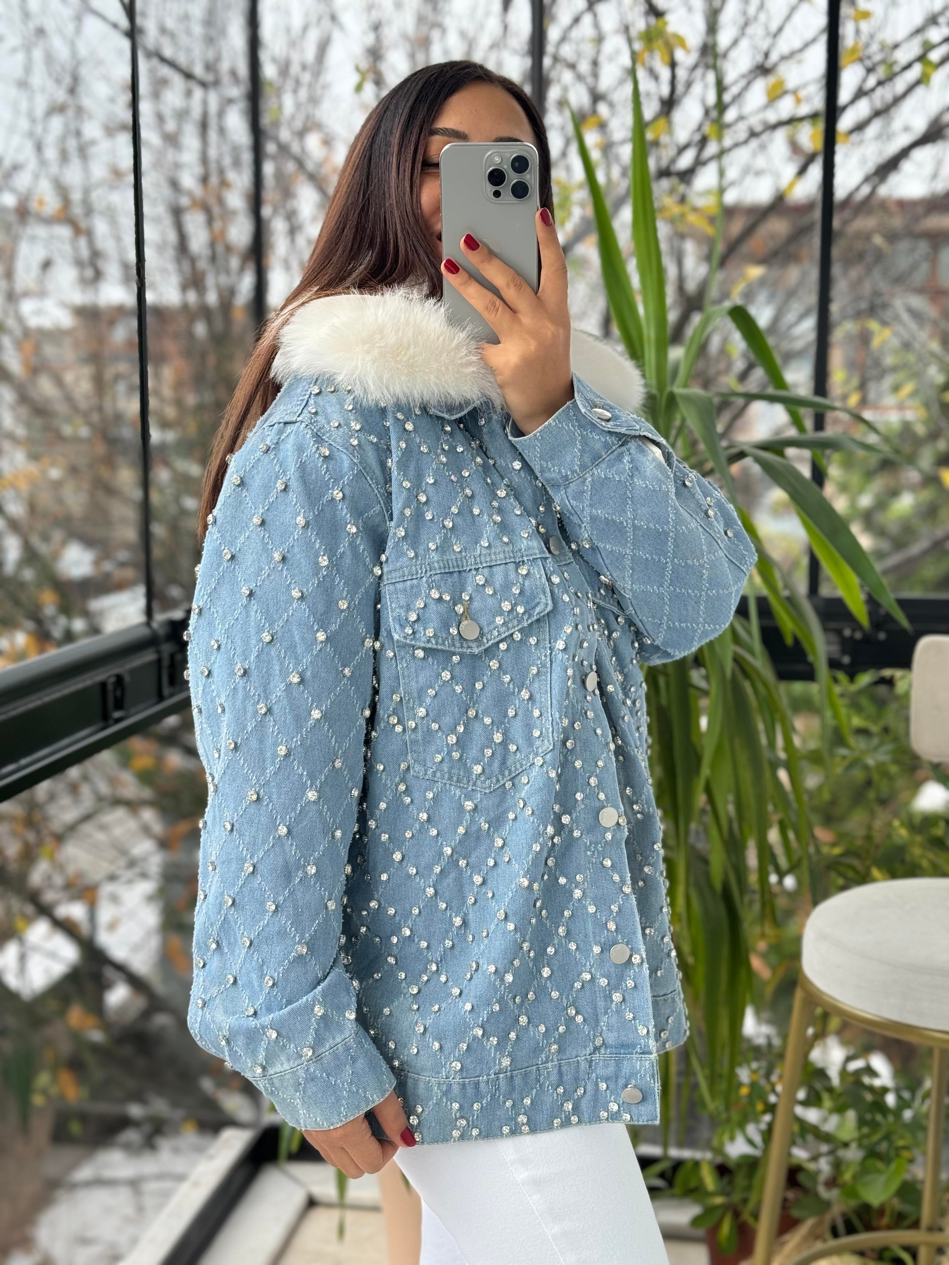 İthal Full Taşlı Peluşlu Ceket Mont Mavi