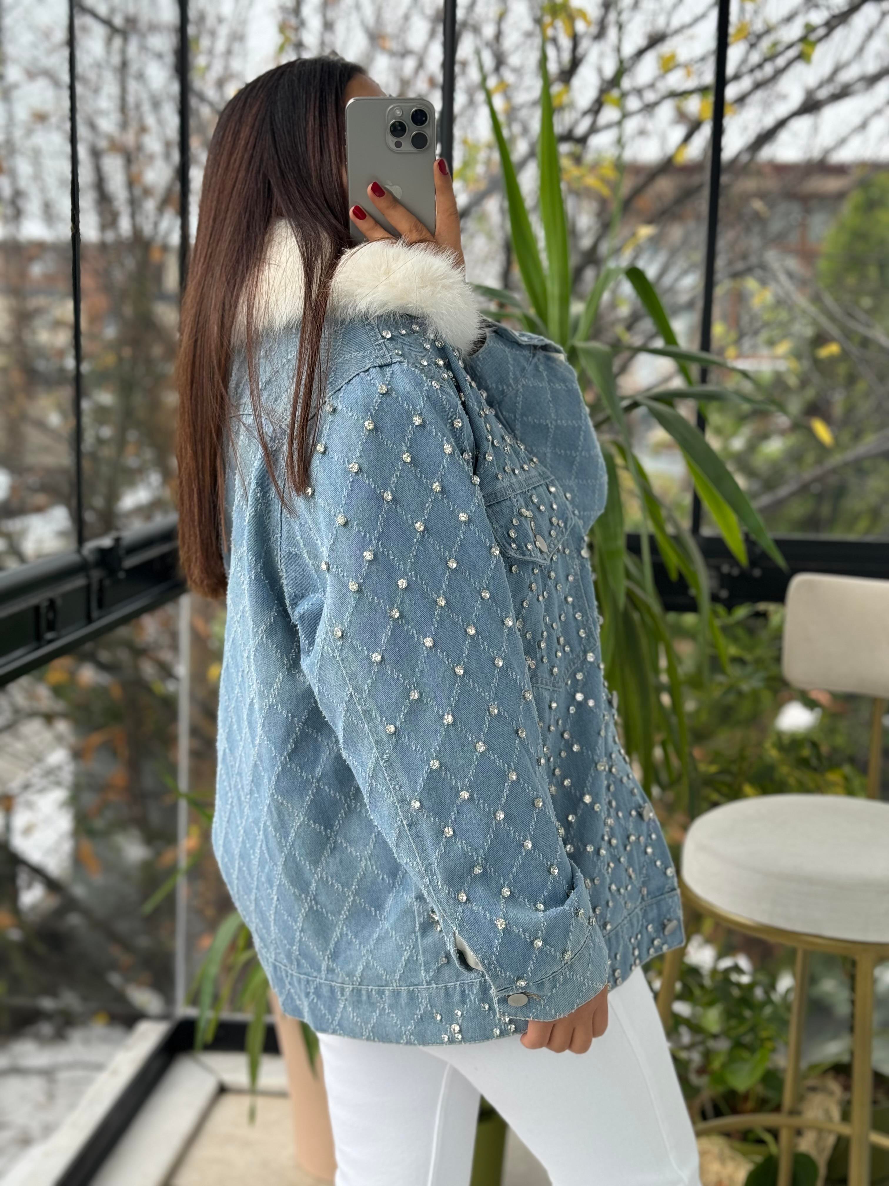 İthal Full Taşlı Peluşlu Ceket Mont Mavi