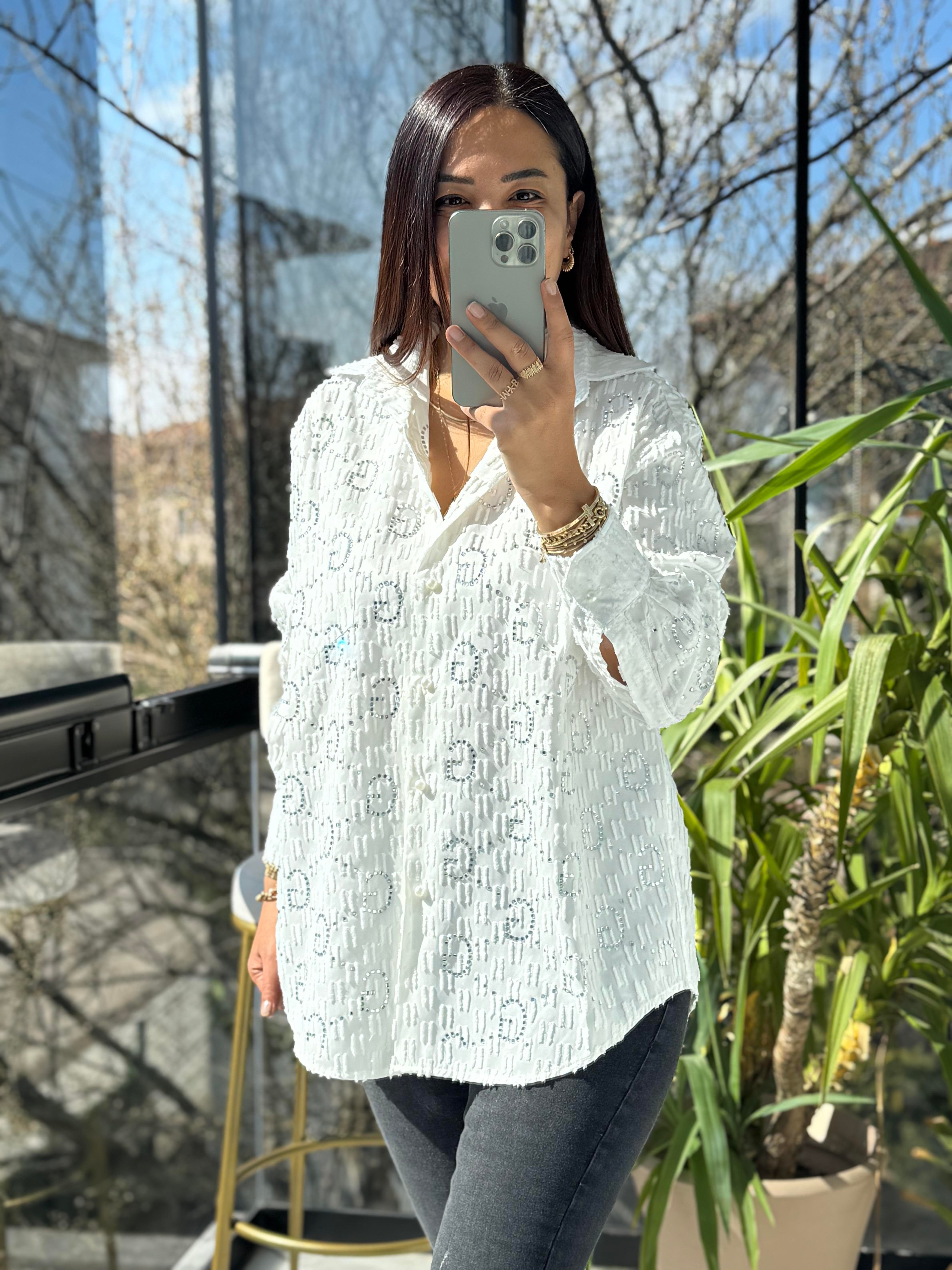 İthal GG Taşlı Gömlek Beyaz