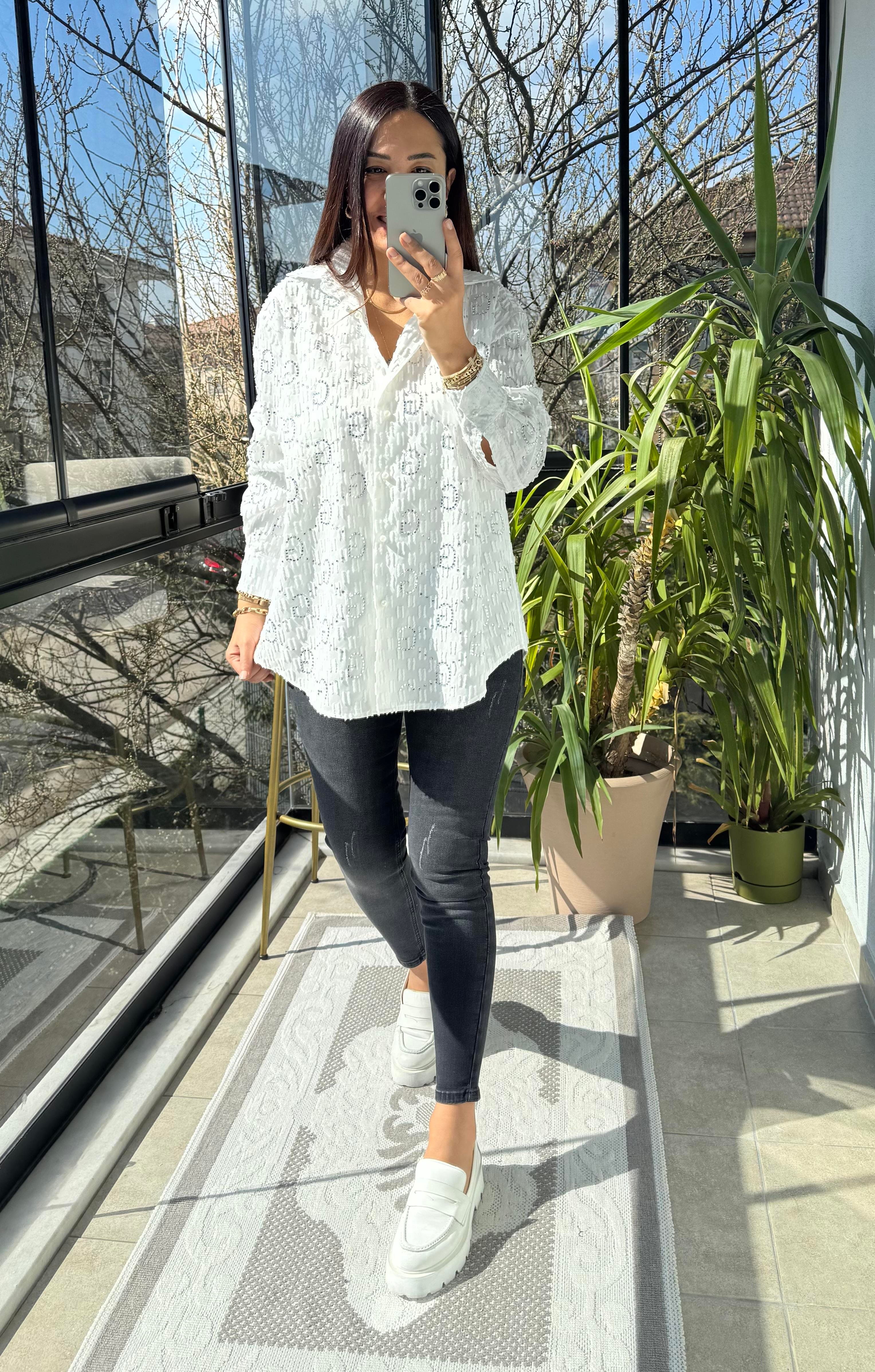 İthal GG Taşlı Gömlek Beyaz