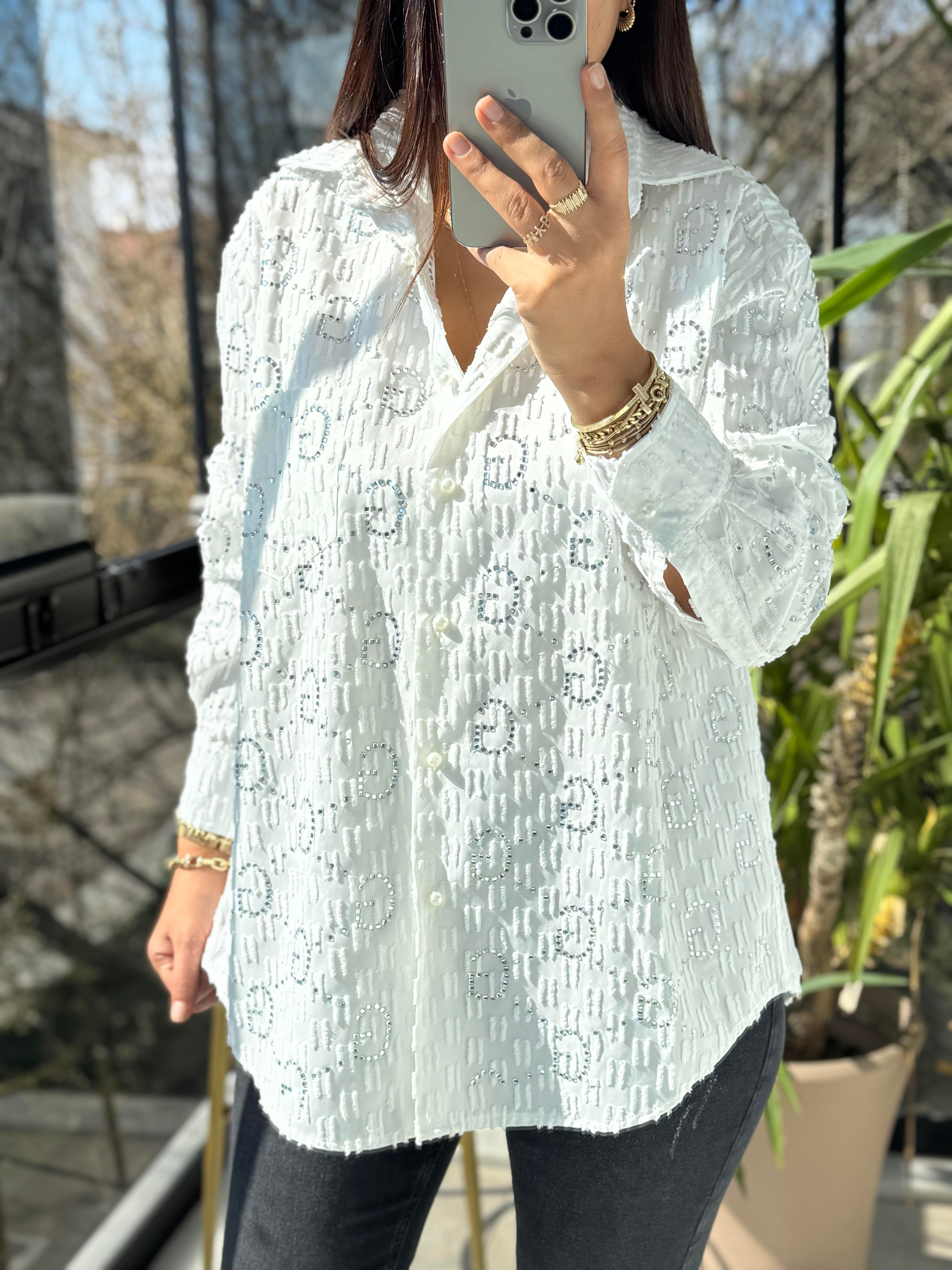 İthal GG Taşlı Gömlek Beyaz