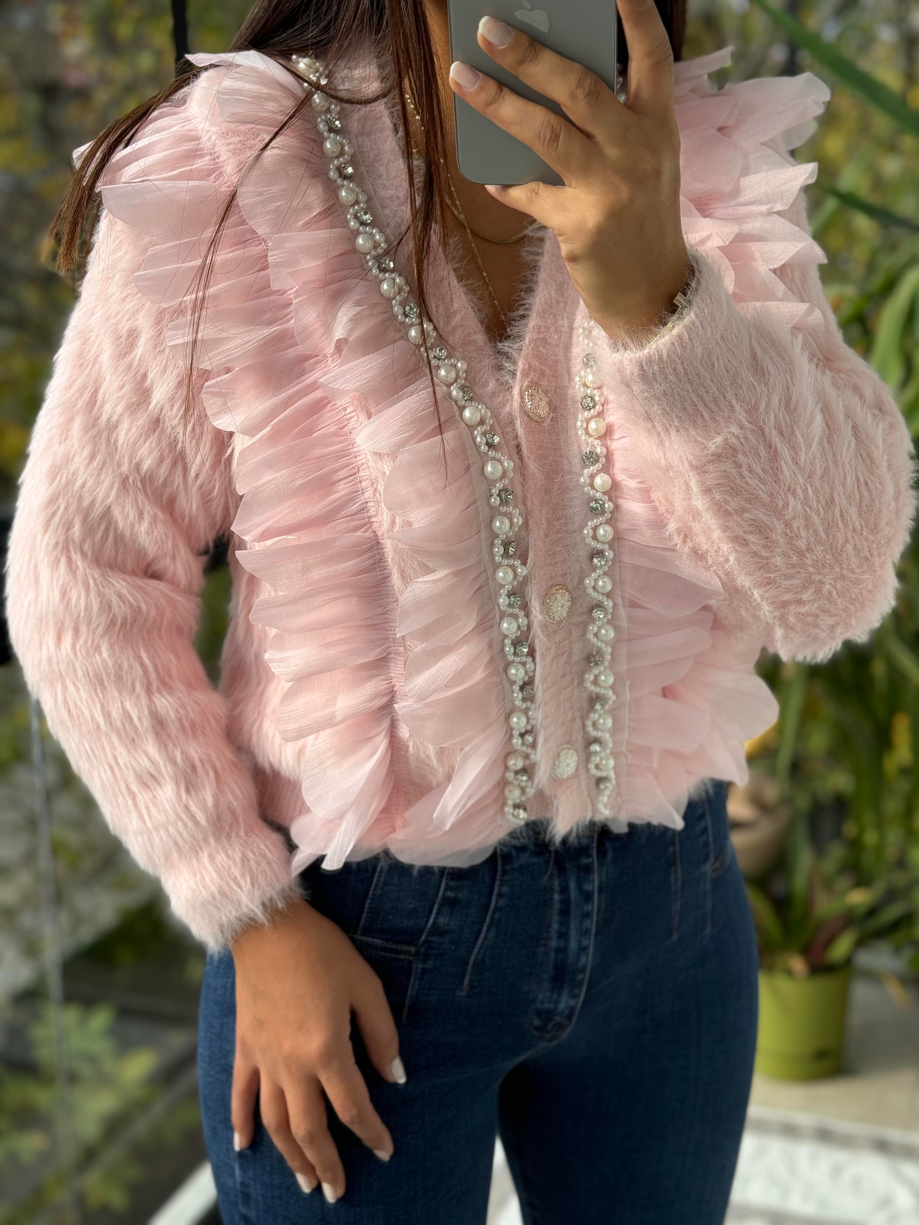 İthal incili Fırfırlı Hırka Pembe