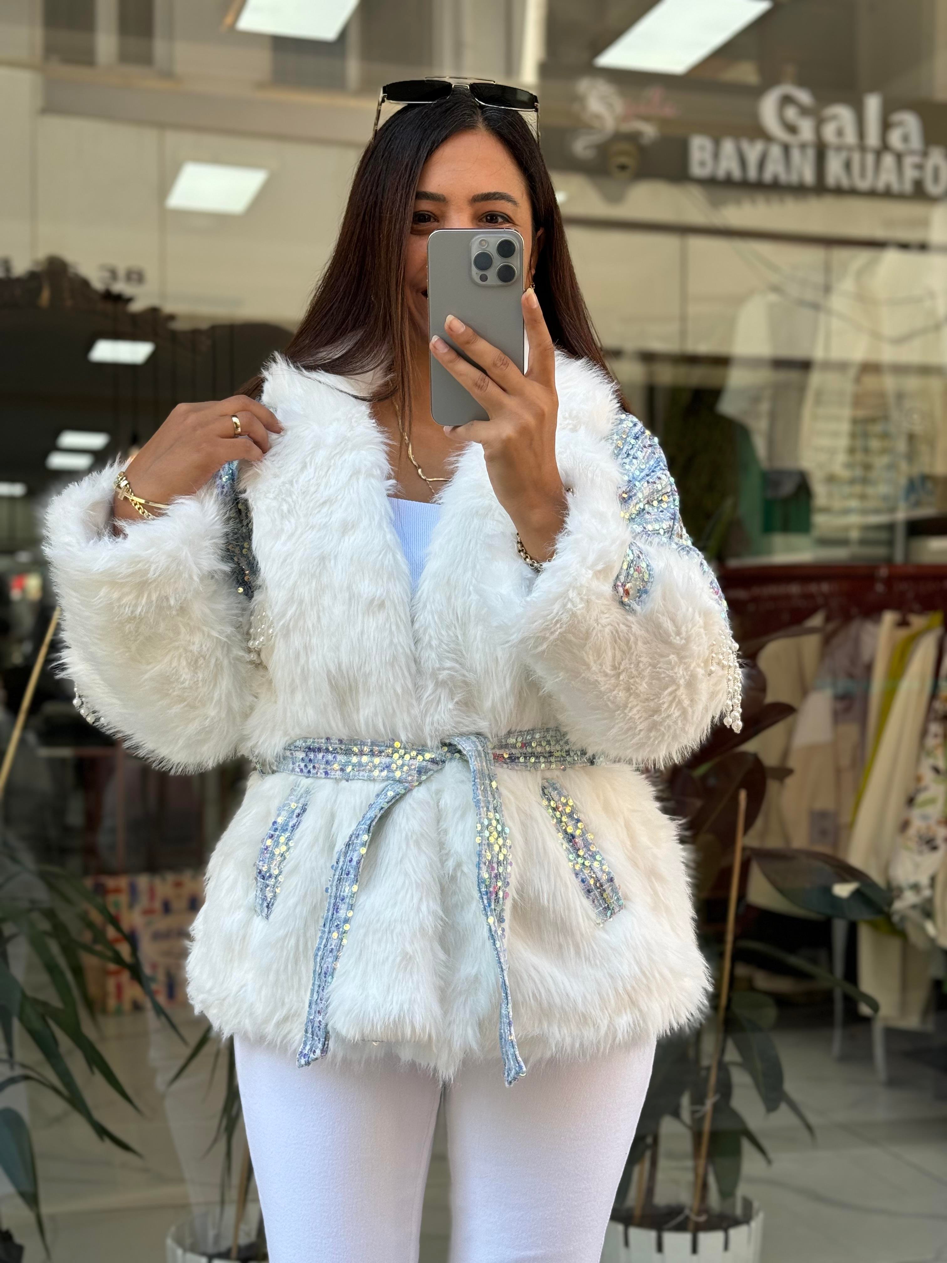 İthal İncili Kürklü Mont Mavi