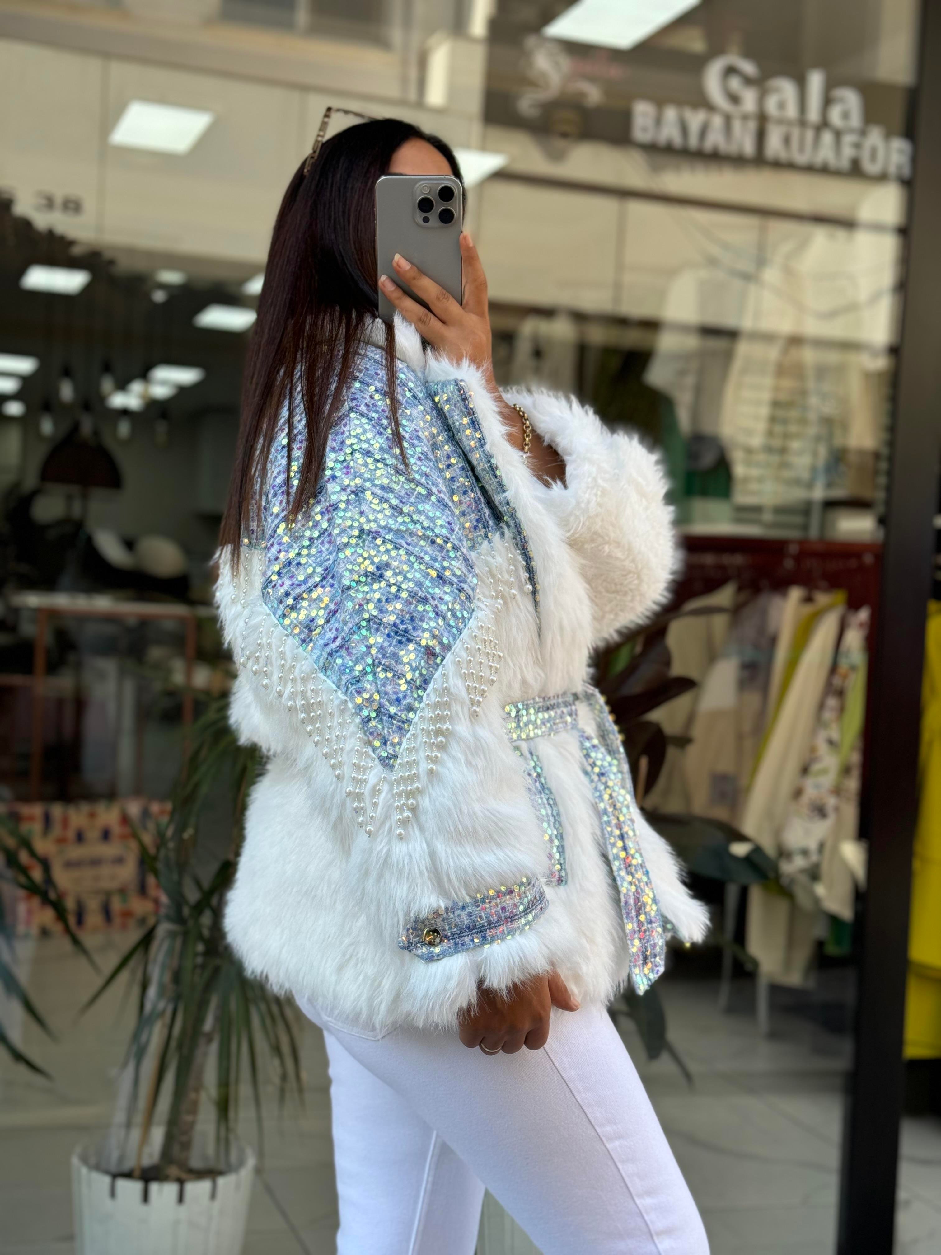 İthal İncili Kürklü Mont Mavi