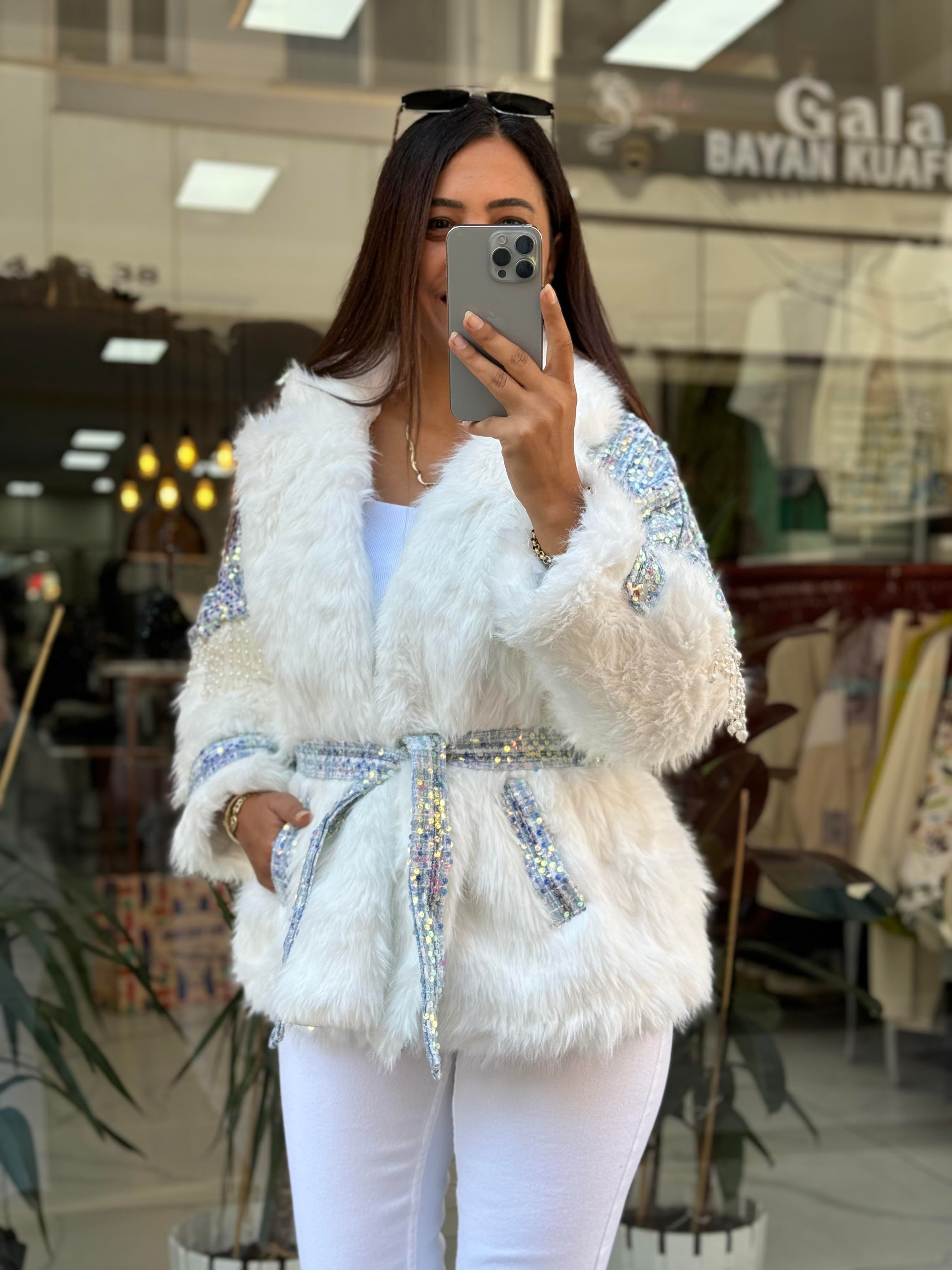 İthal İncili Kürklü Mont Mavi