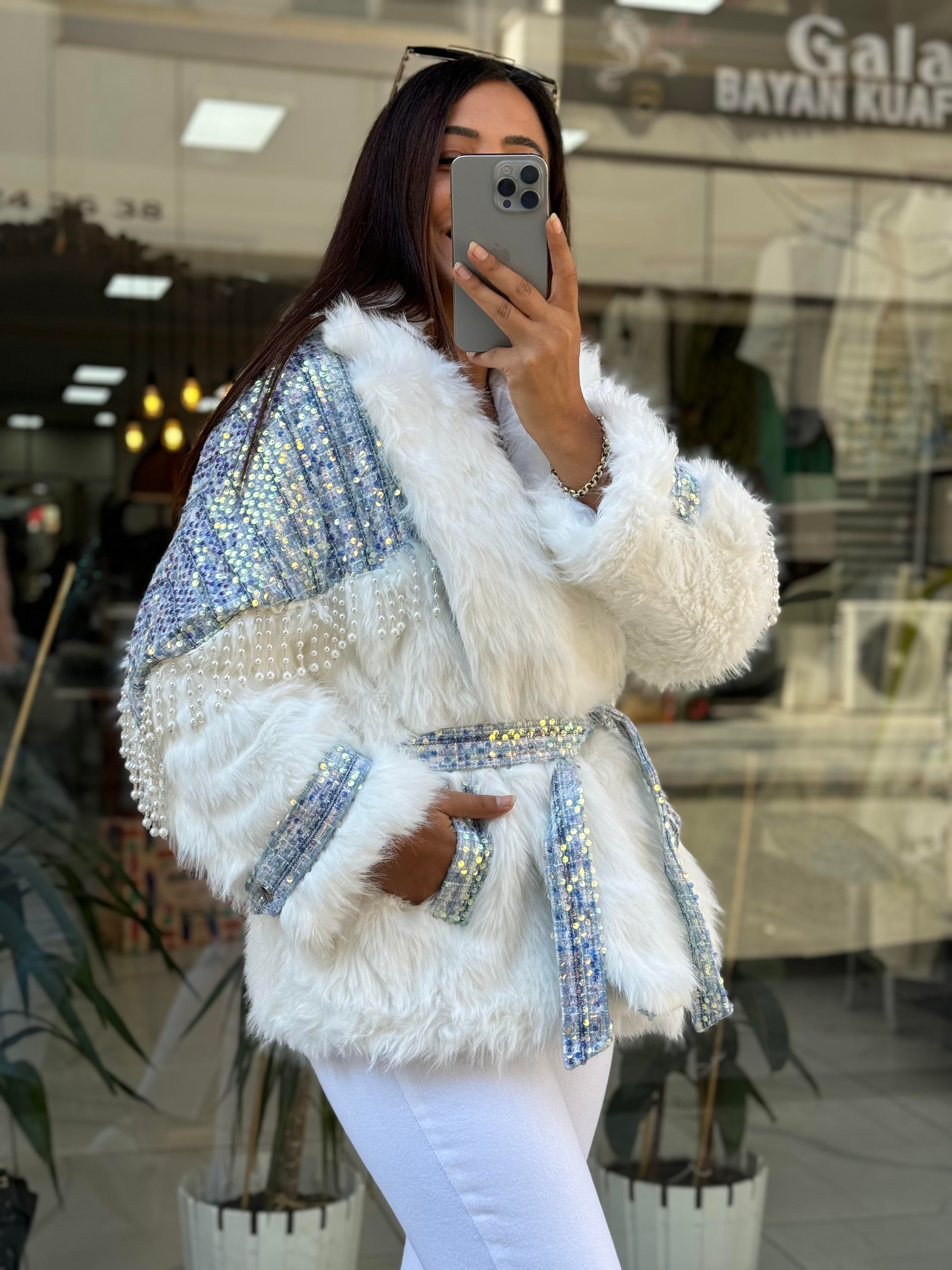 İthal İncili Kürklü Mont Mavi