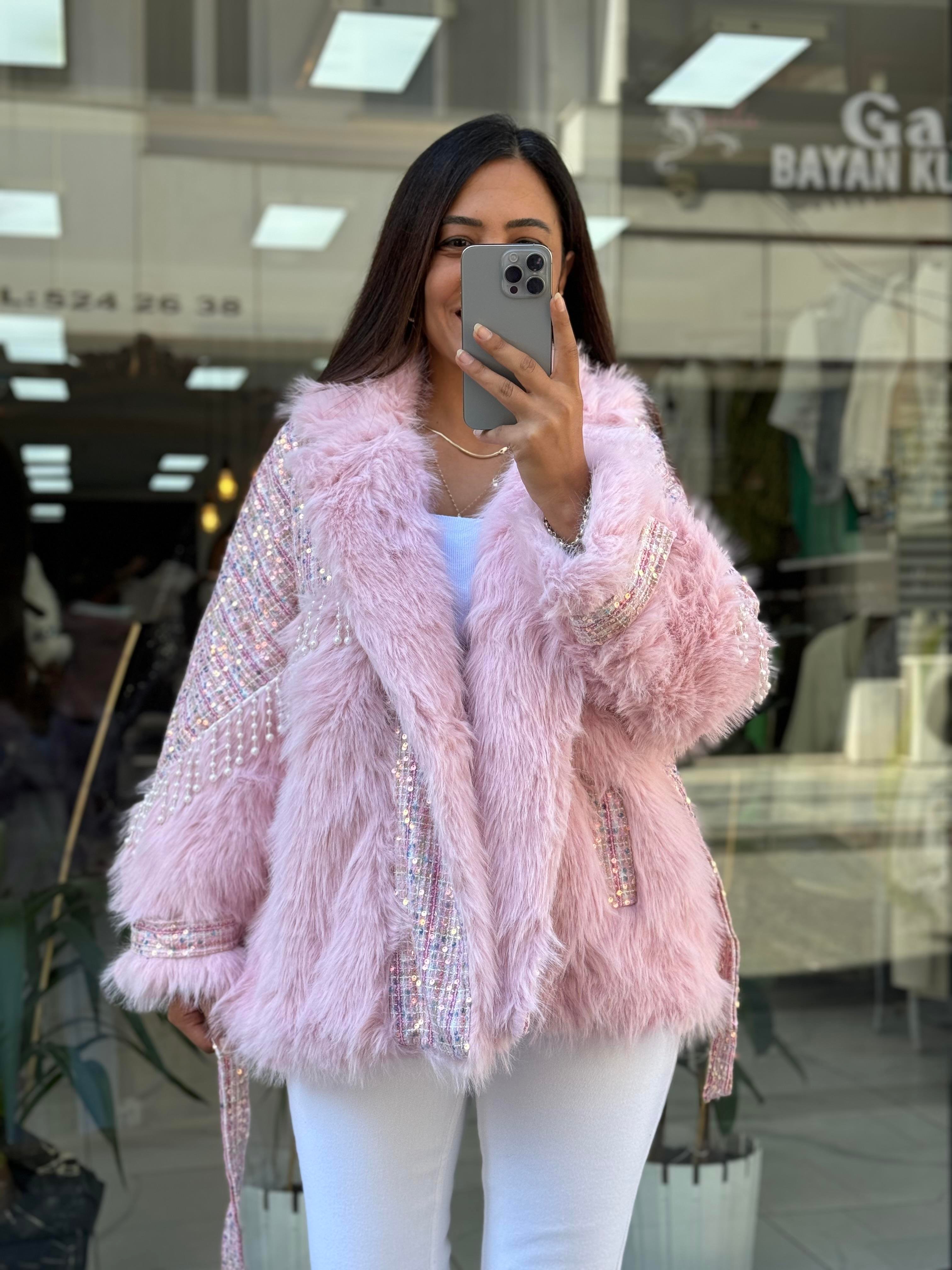 İthal İncili Kürklü Mont Pembe