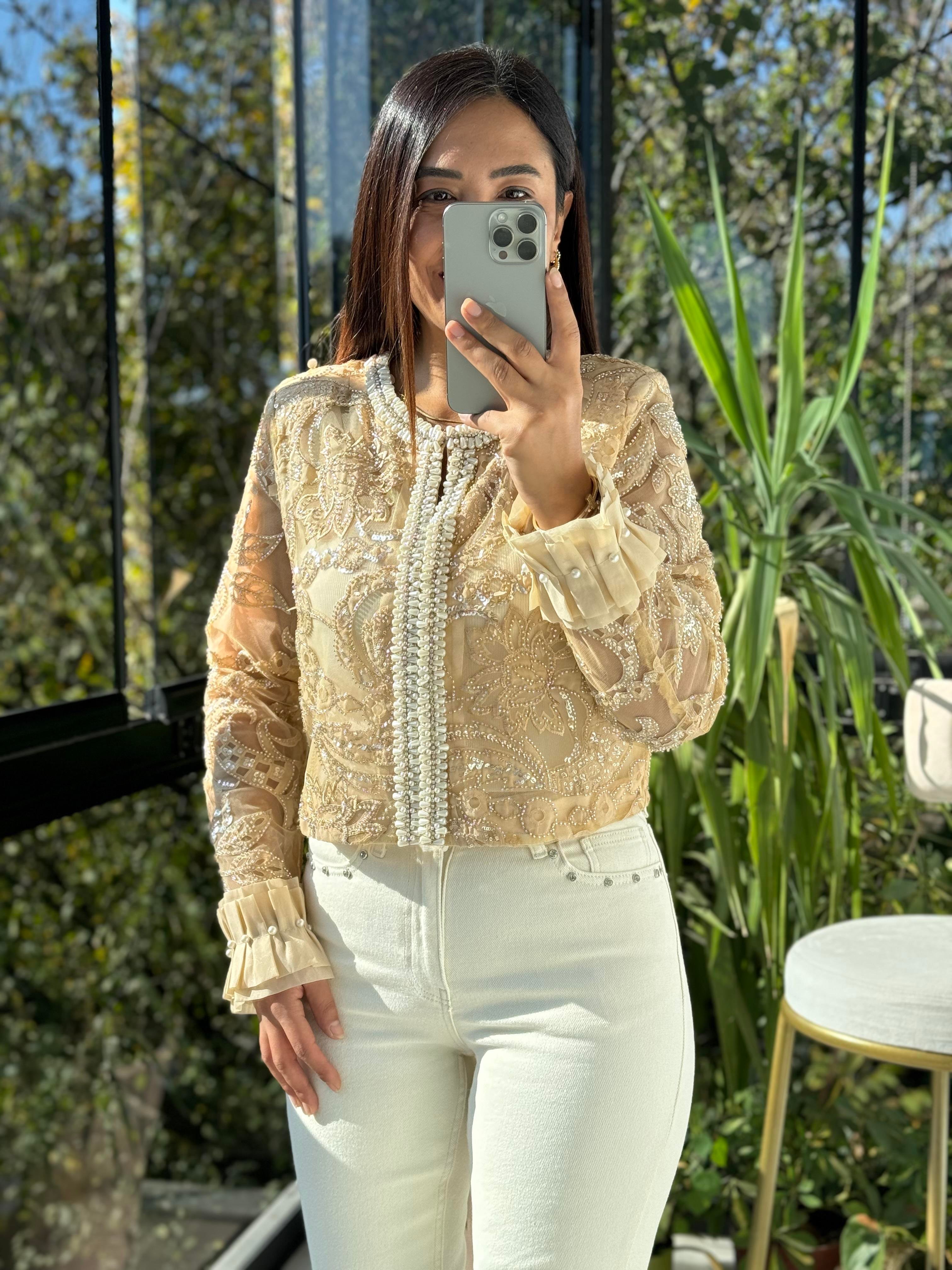 İthal İncili Payetli Crop Ceket Camel