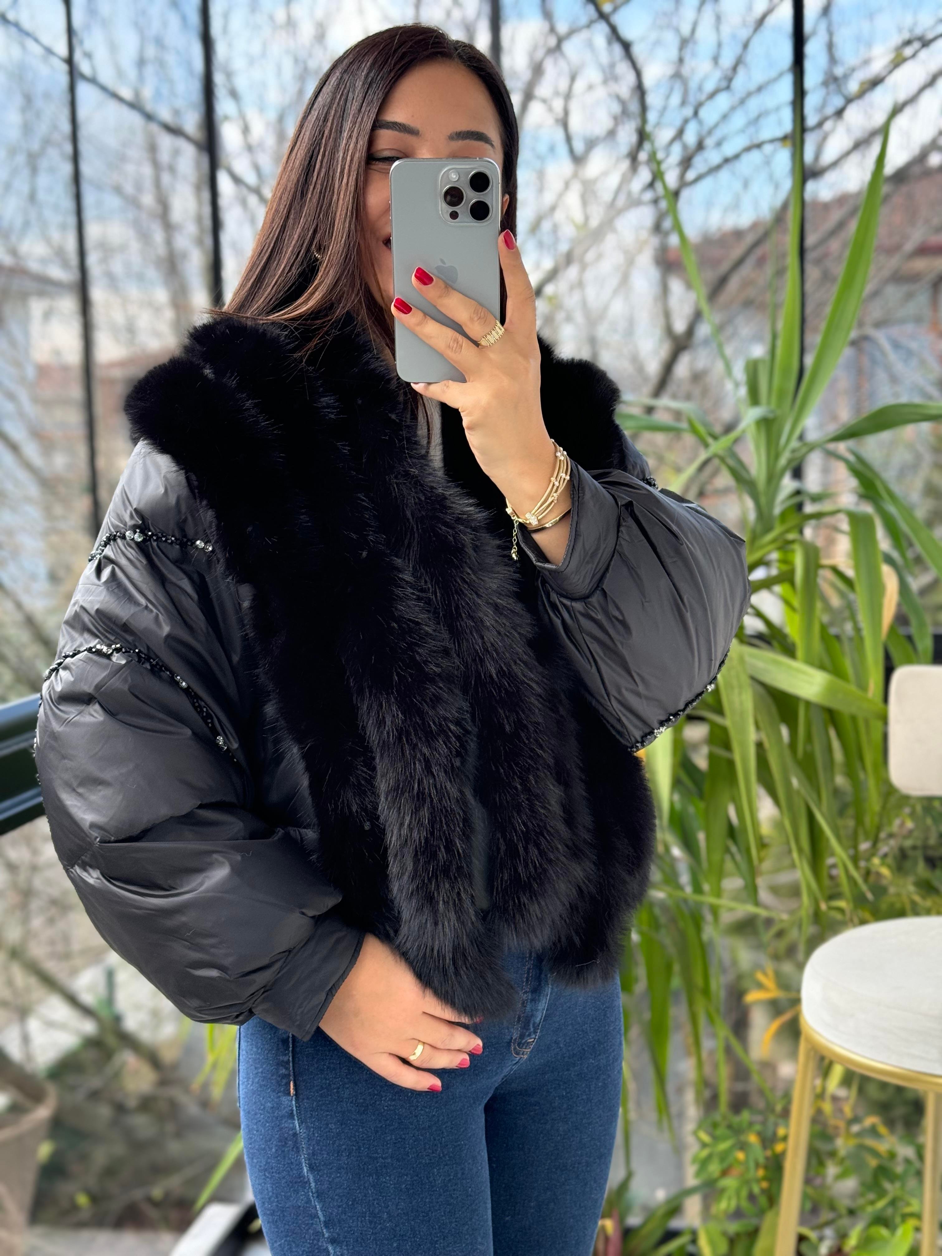 İthal Kısa Tüylü Mont Siyah