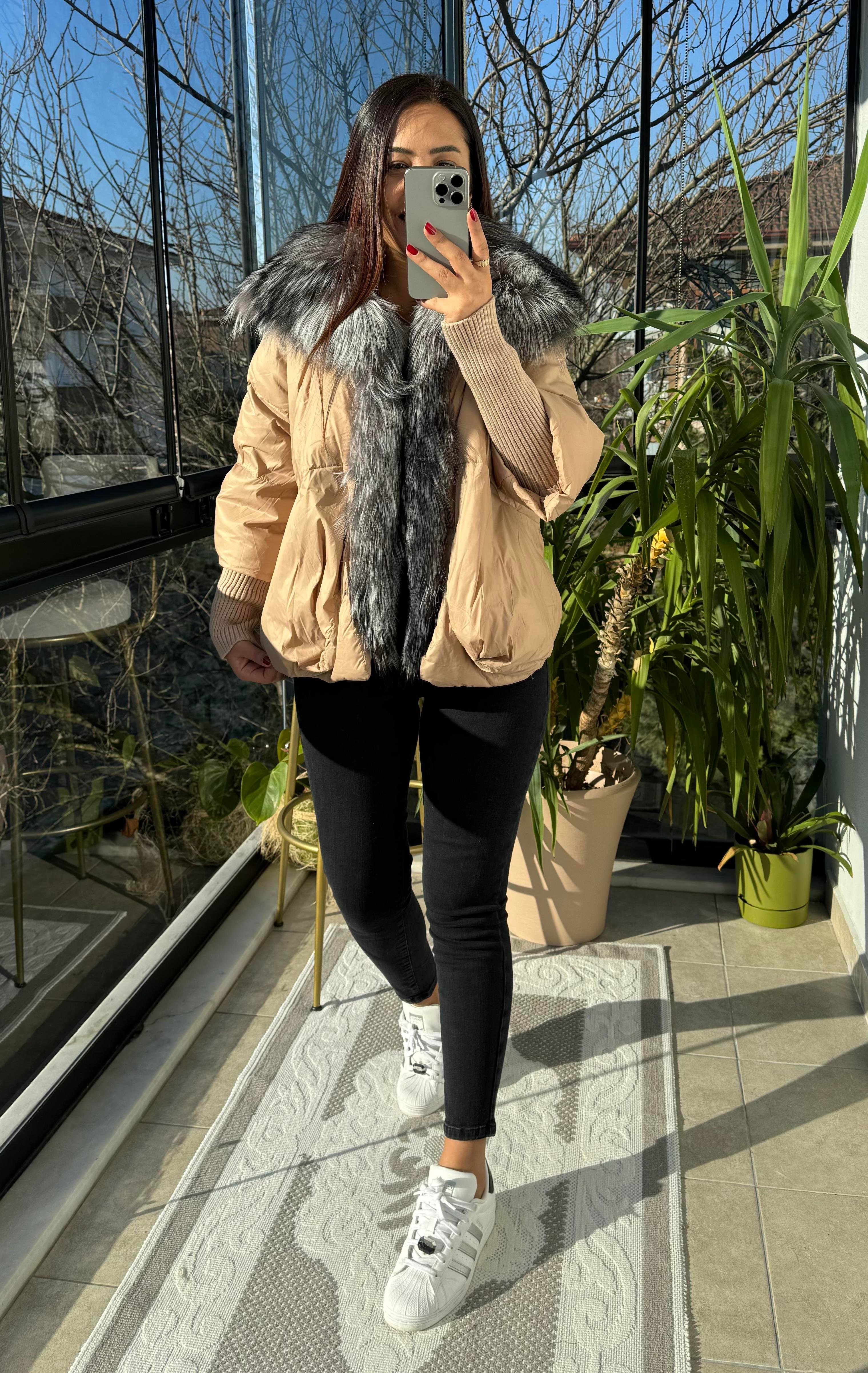 İthal Kürklü Kol Detaylı Şişme Mont Kahve