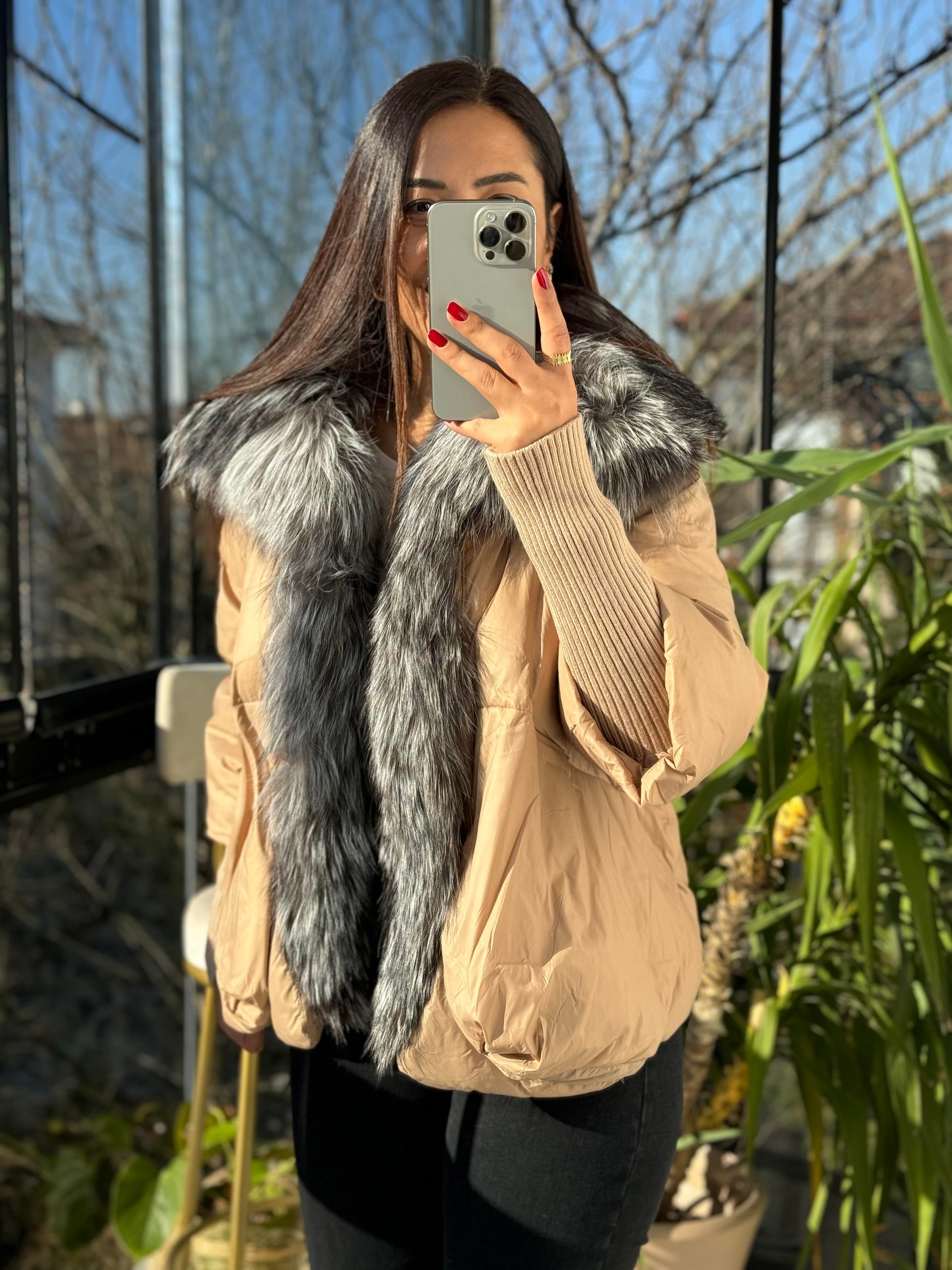 İthal Kürklü Kol Detaylı Şişme Mont Kahve