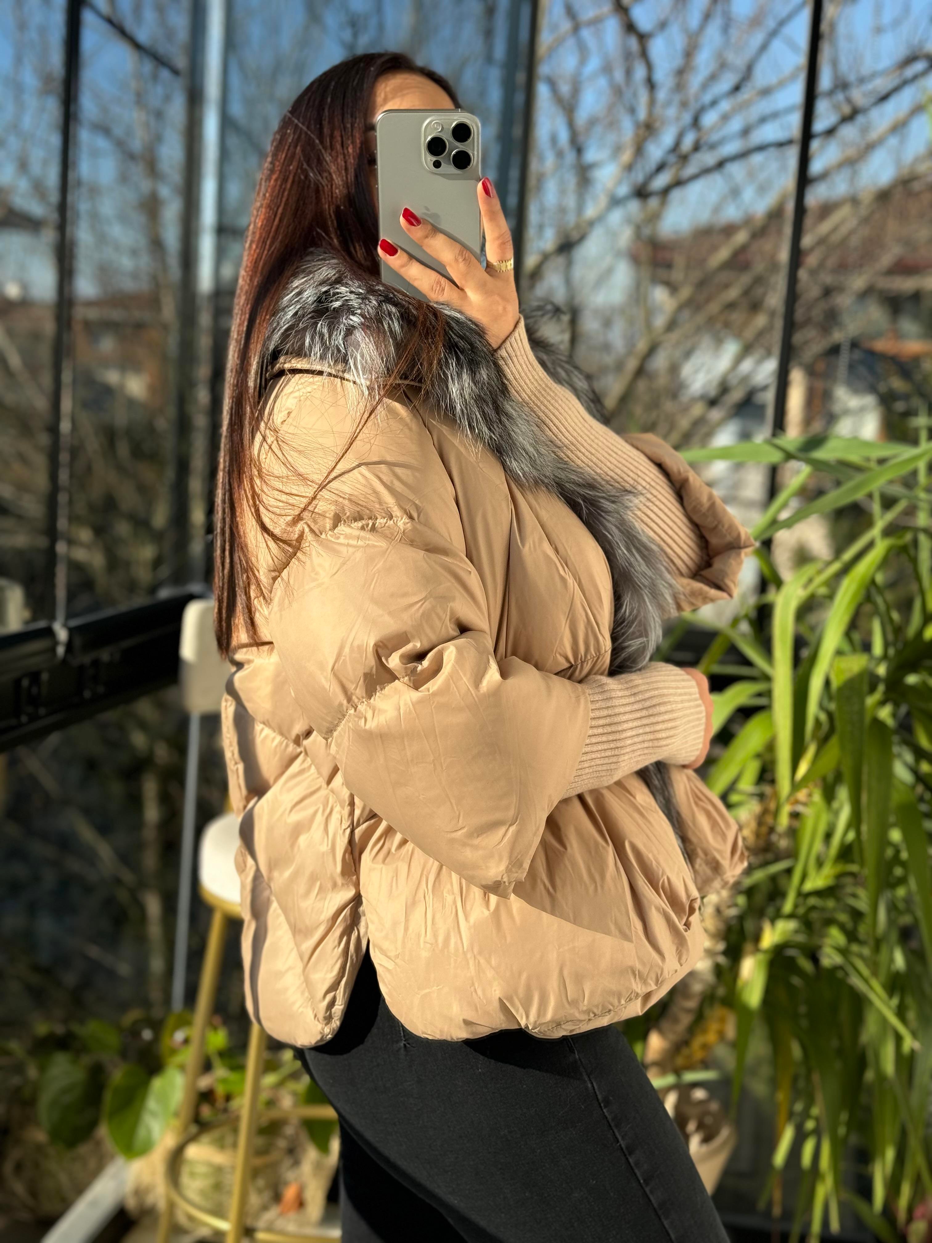 İthal Kürklü Kol Detaylı Şişme Mont Kahve