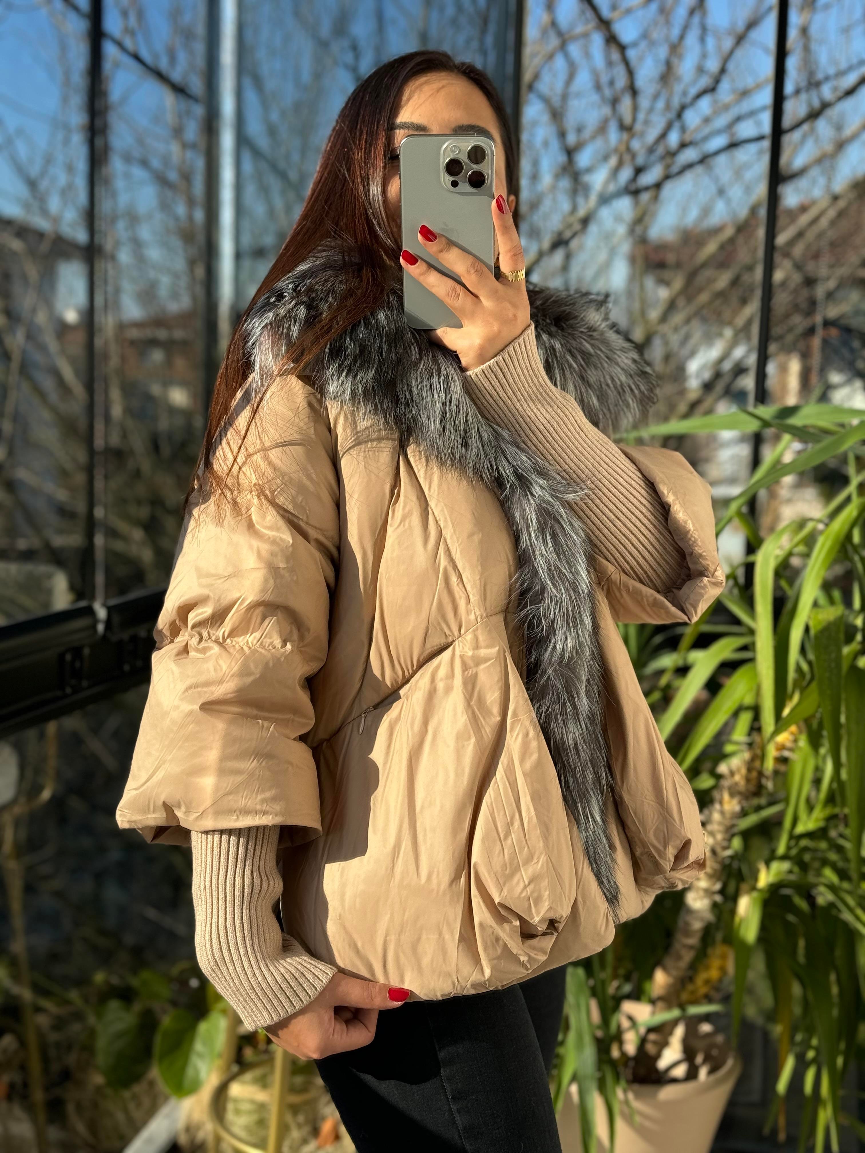 İthal Kürklü Kol Detaylı Şişme Mont Kahve