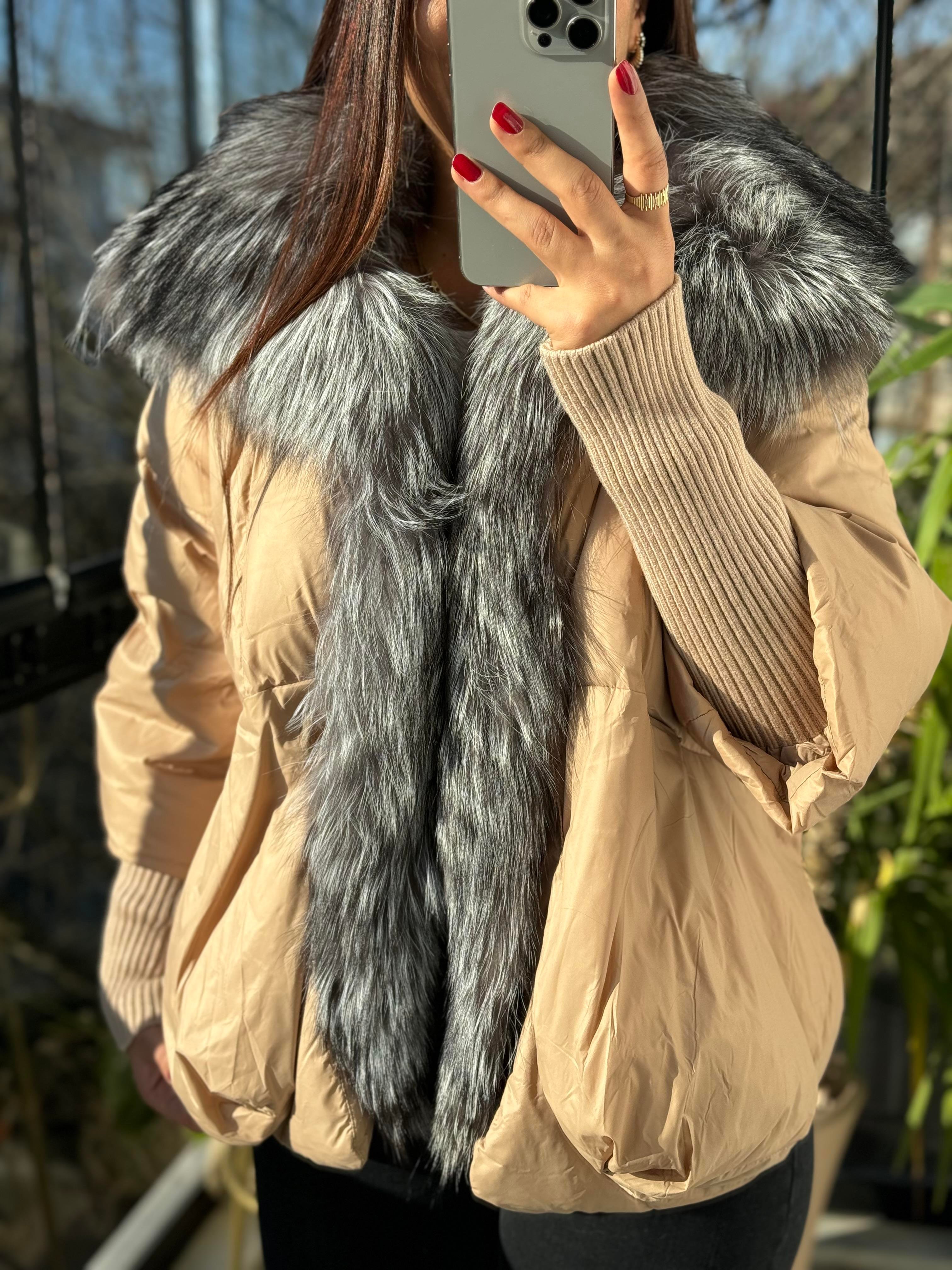 İthal Kürklü Kol Detaylı Şişme Mont Kahve