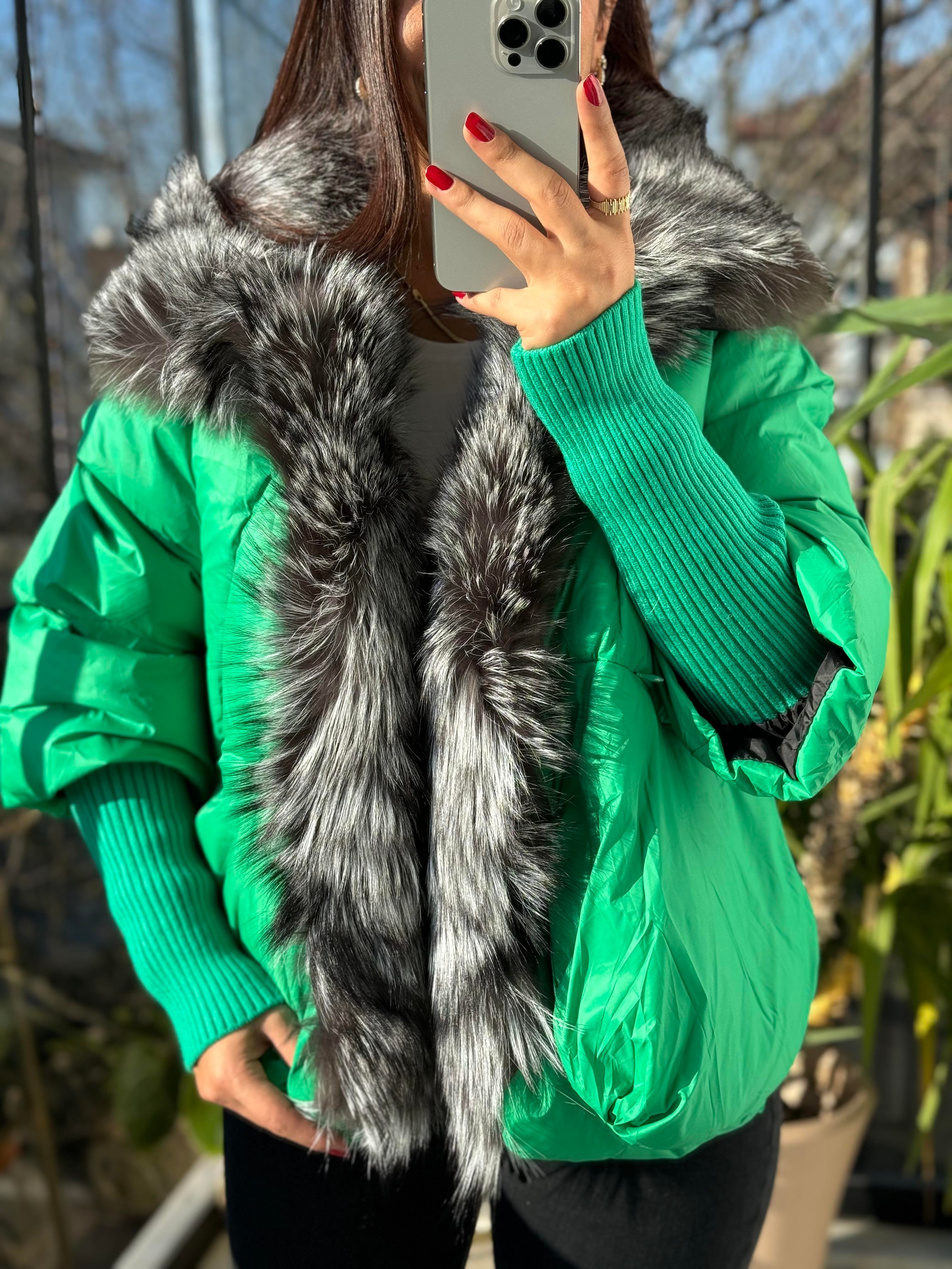 İthal Kürklü Kol Detaylı Şişme Mont Yeşil