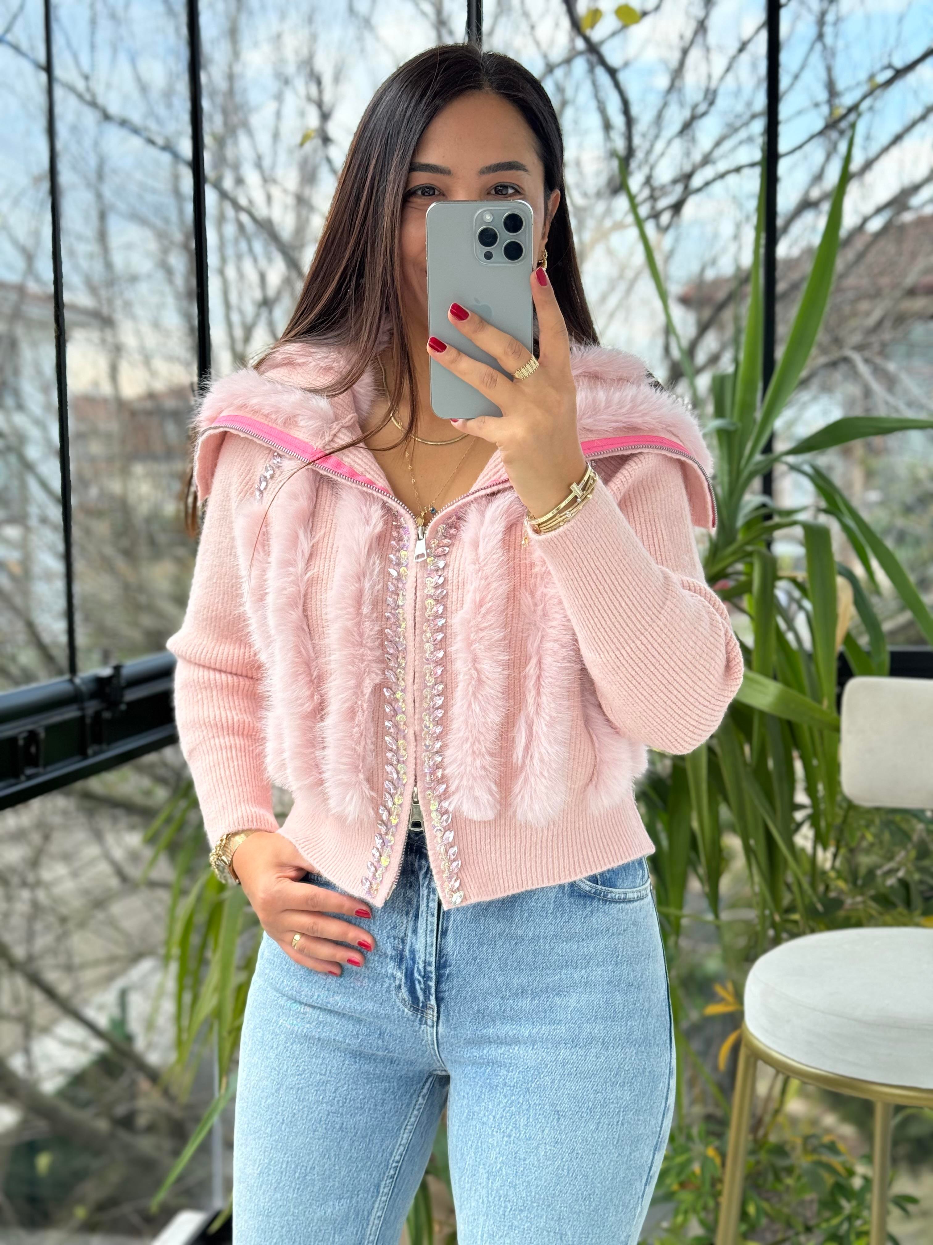 İthal Kürklü Taşlı Fermuarlı Hırka Pembe
