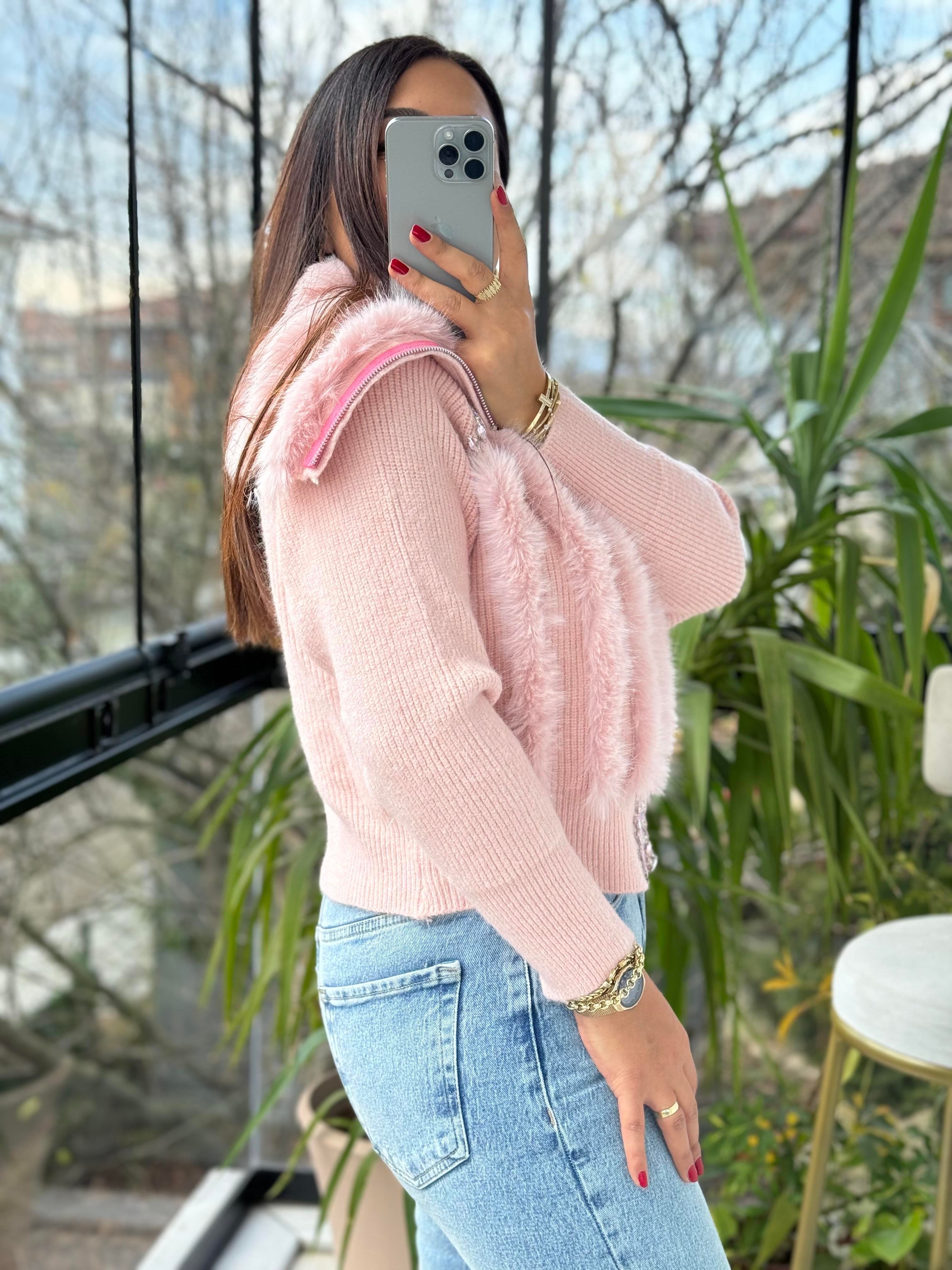 İthal Kürklü Taşlı Fermuarlı Hırka Pembe