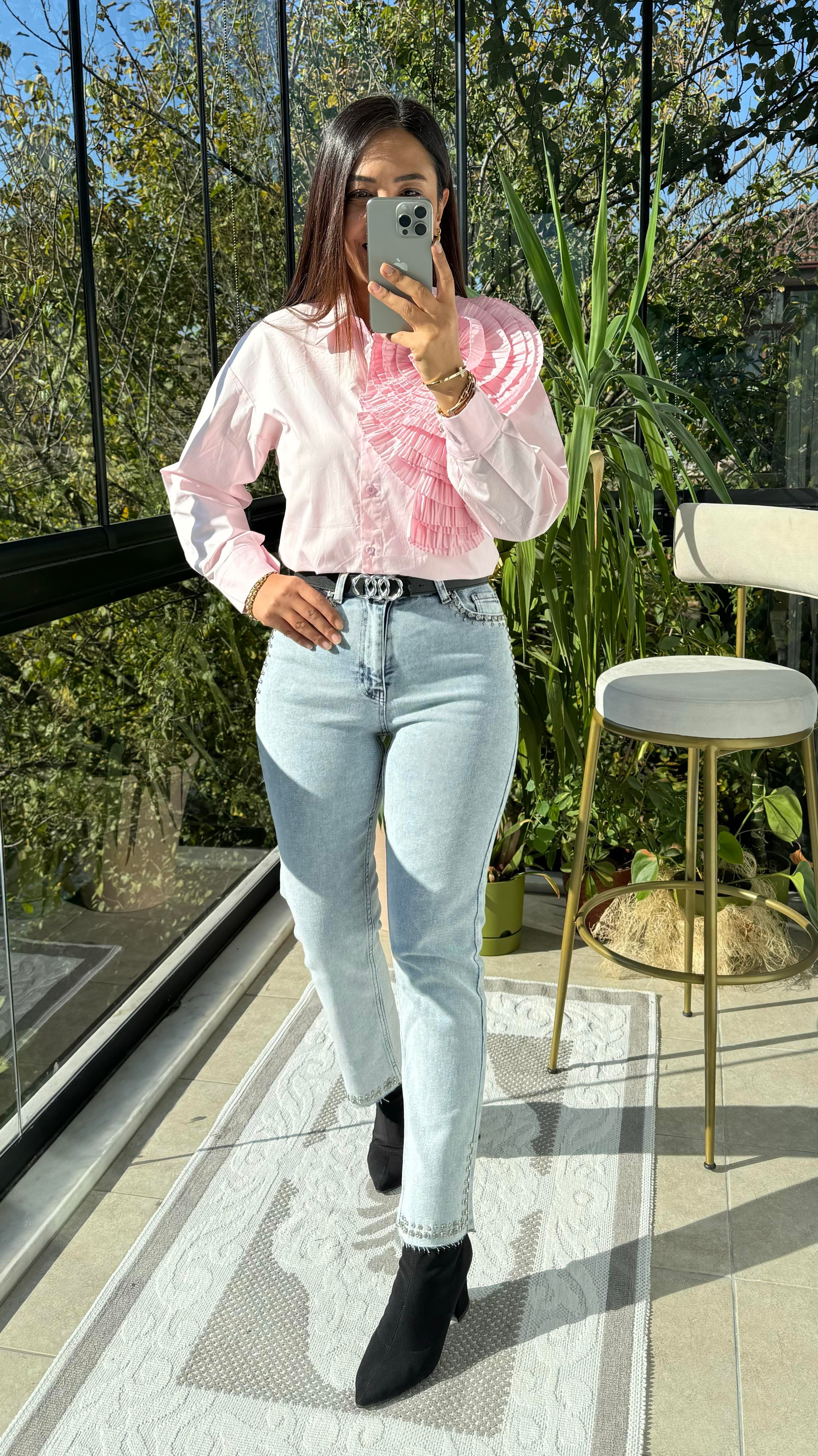 İthal Omzu Gül Katlı Gömlek Pembe