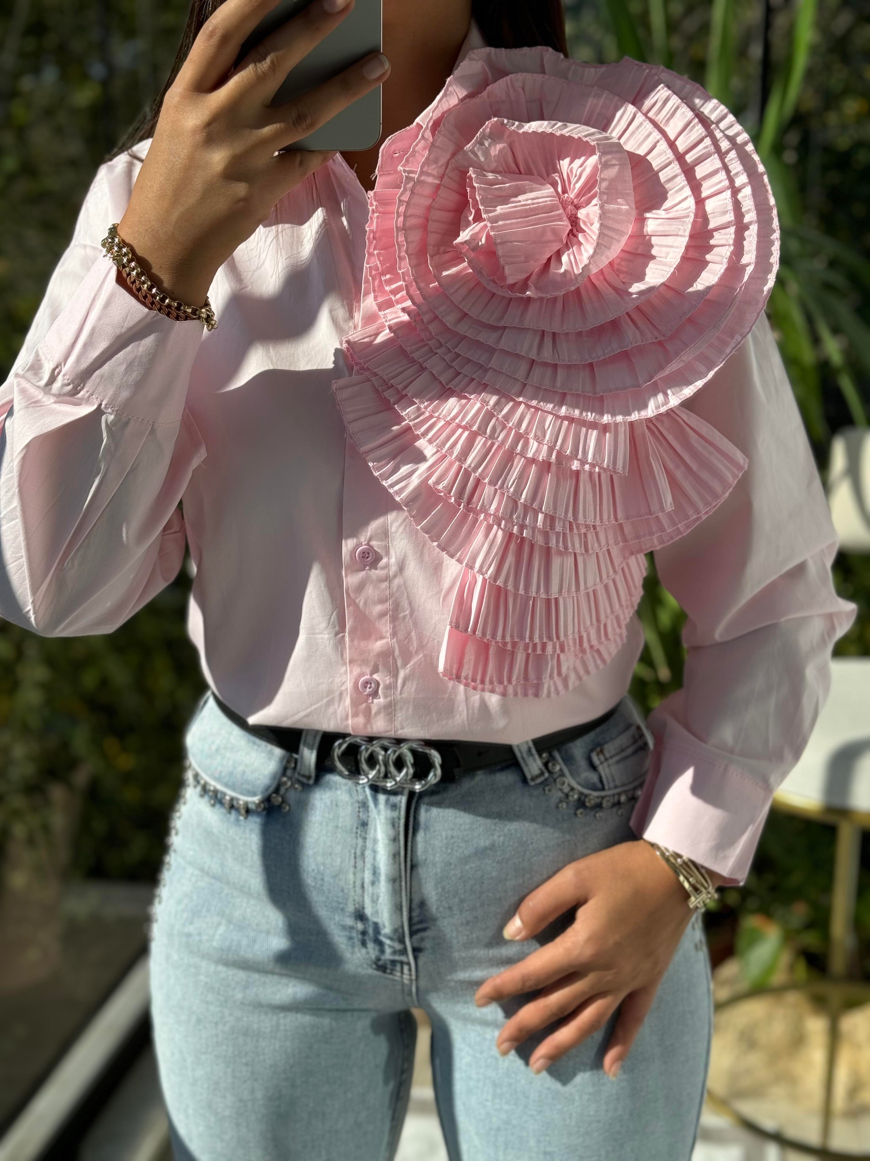 İthal Omzu Gül Katlı Gömlek Pembe