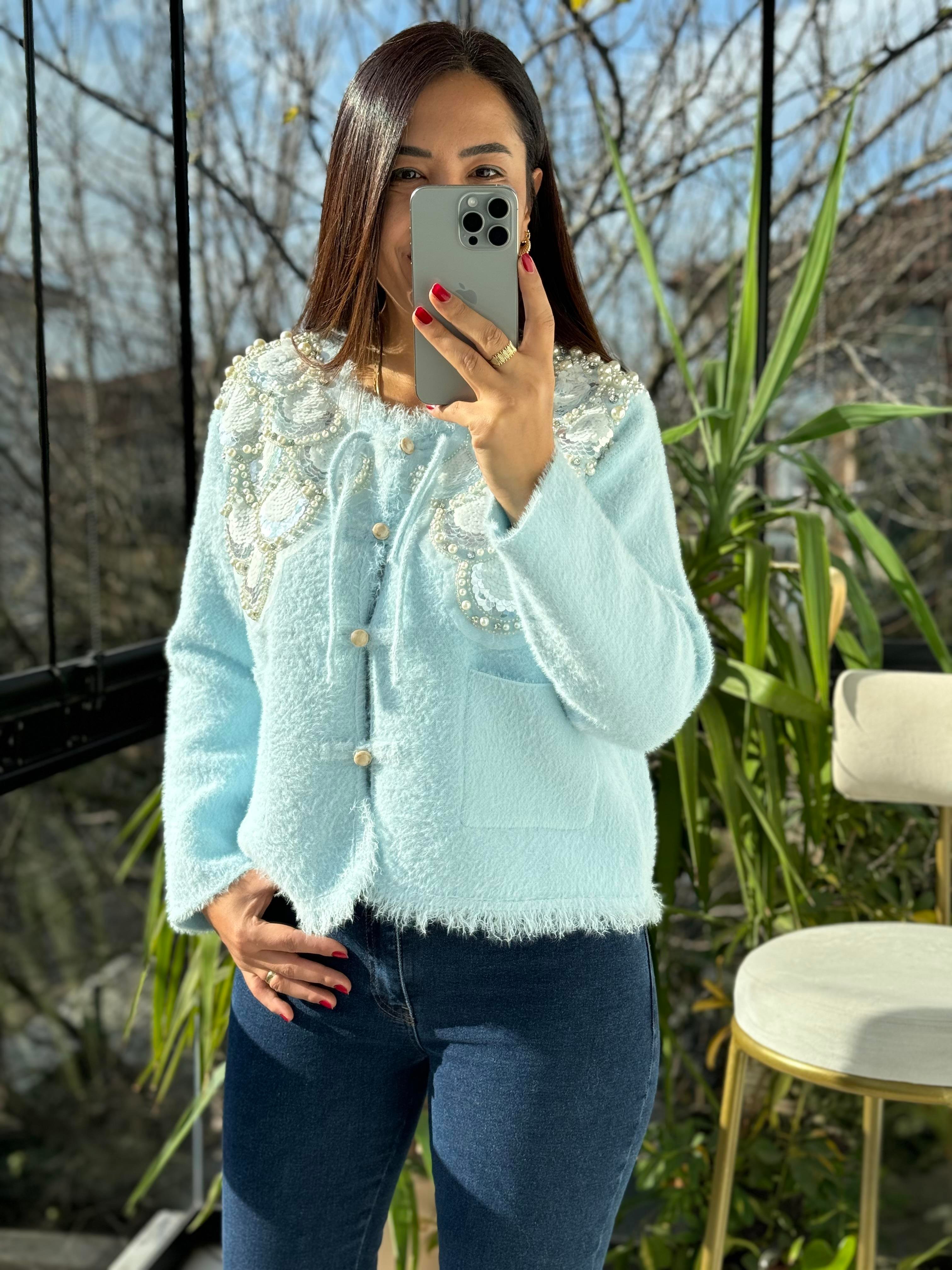 İthal Omzu Payetli Hırka Ceket Bebe Mavi