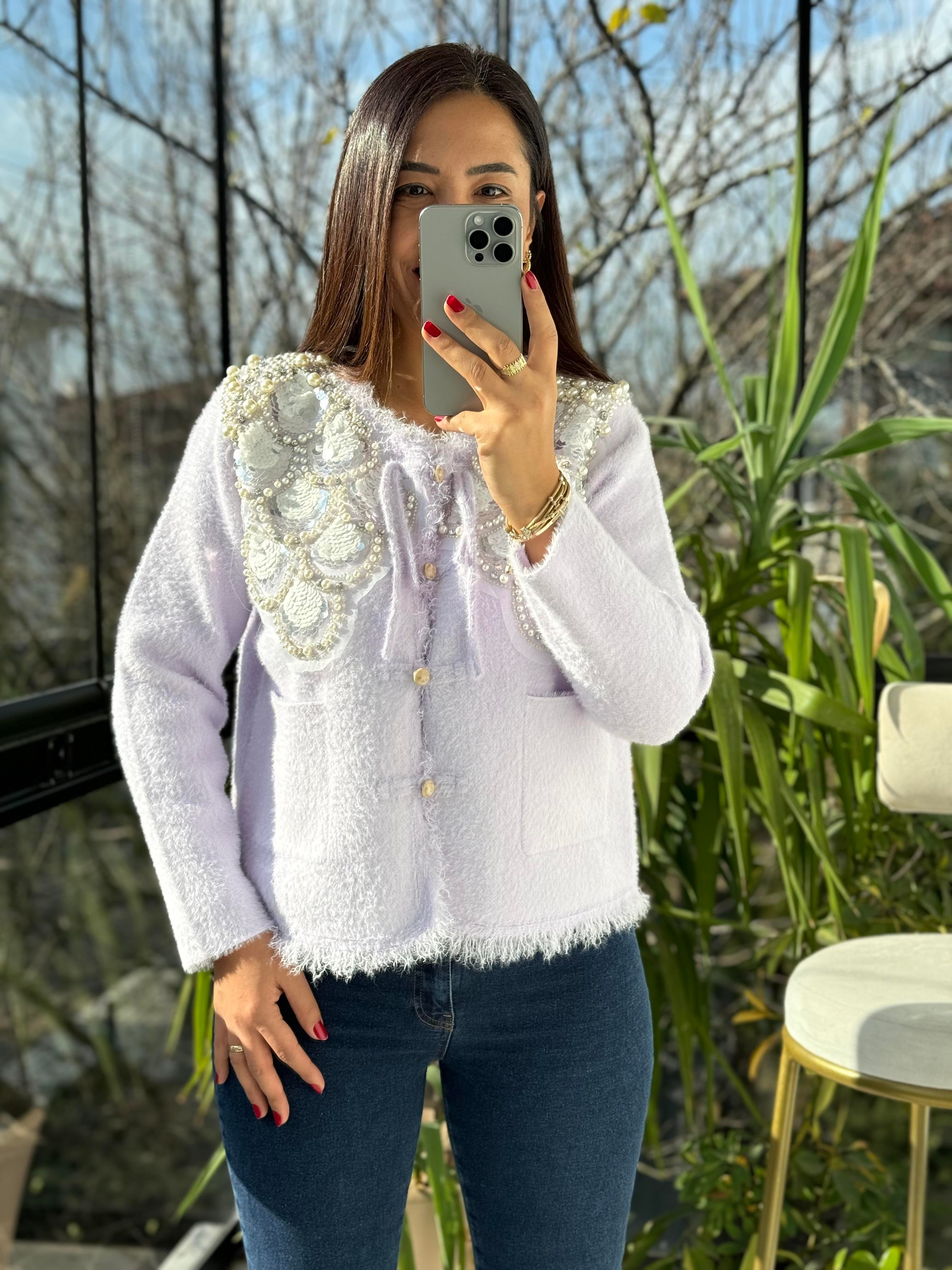 İthal Omzu Payetli Hırka Ceket Lila