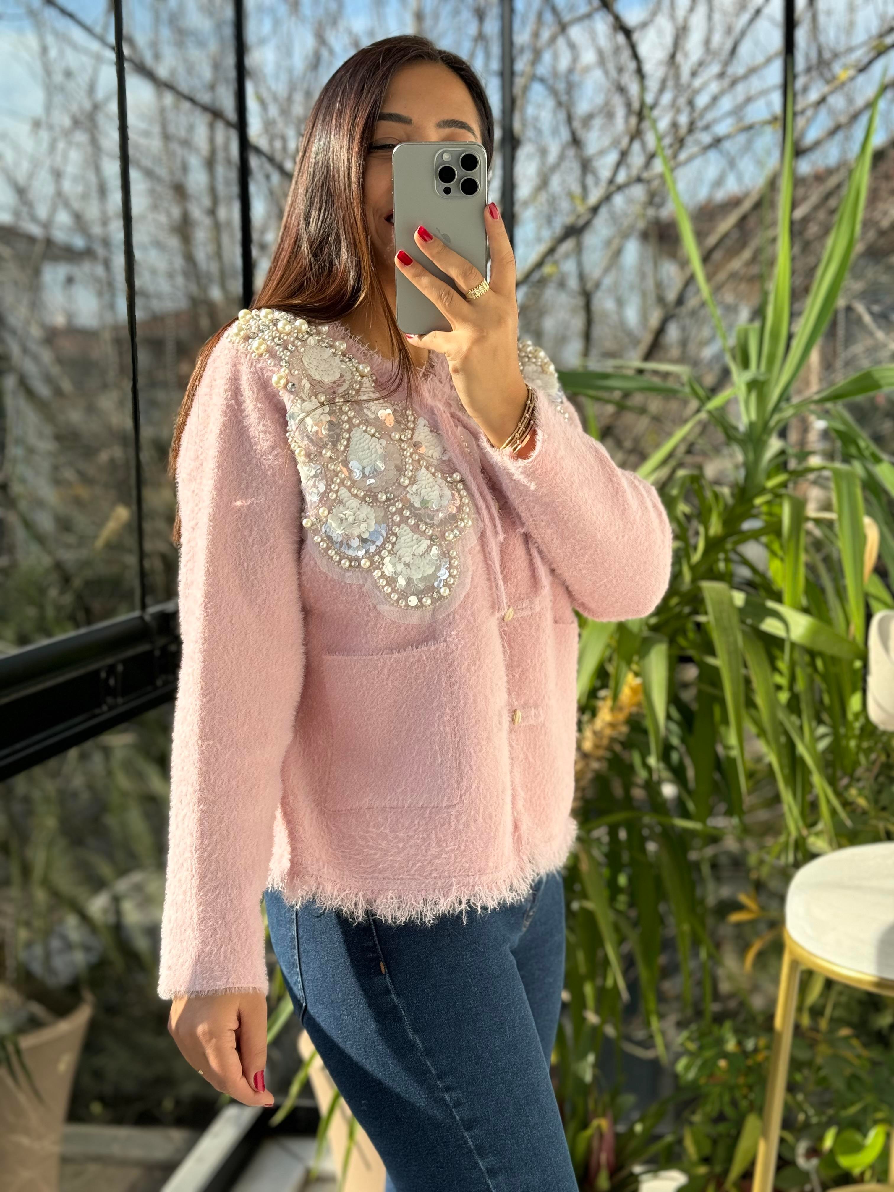 İthal Omzu Payetli Hırka Ceket Pembe