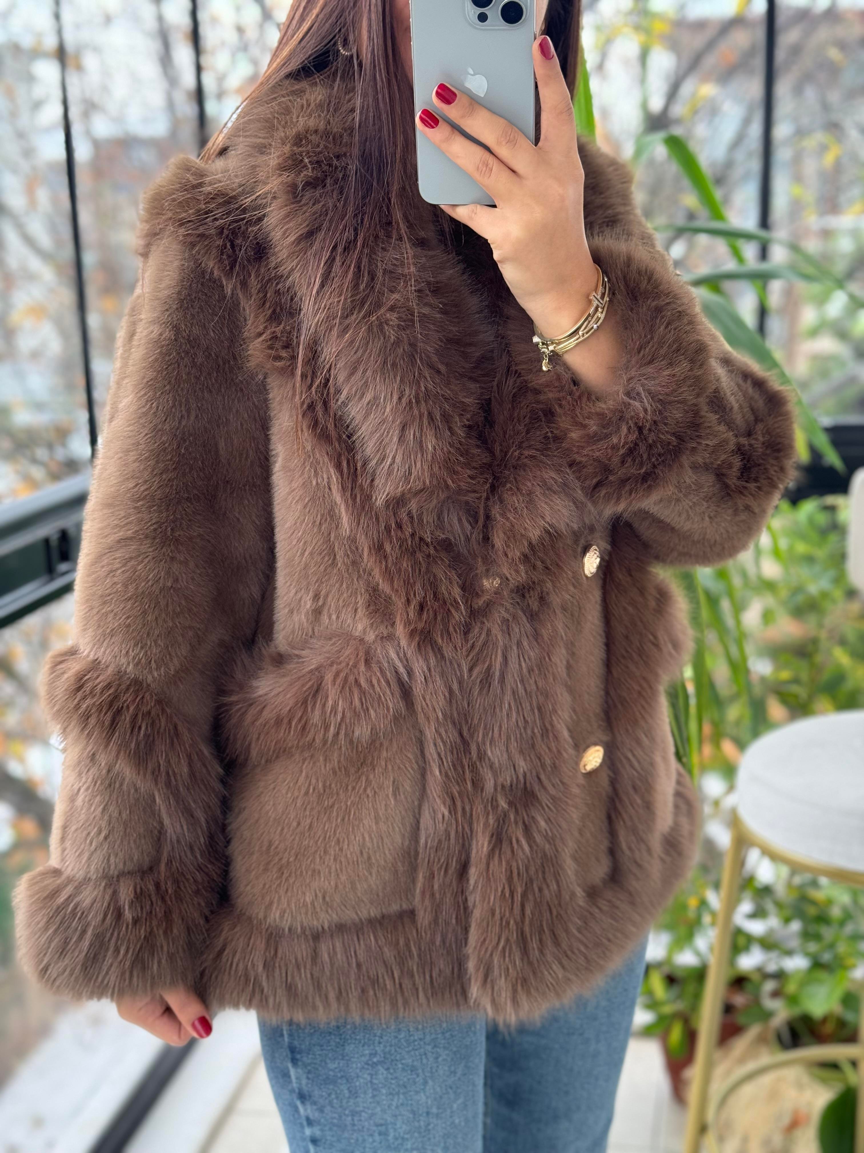 İthal Önü Cepli Kürk Mont Kahve