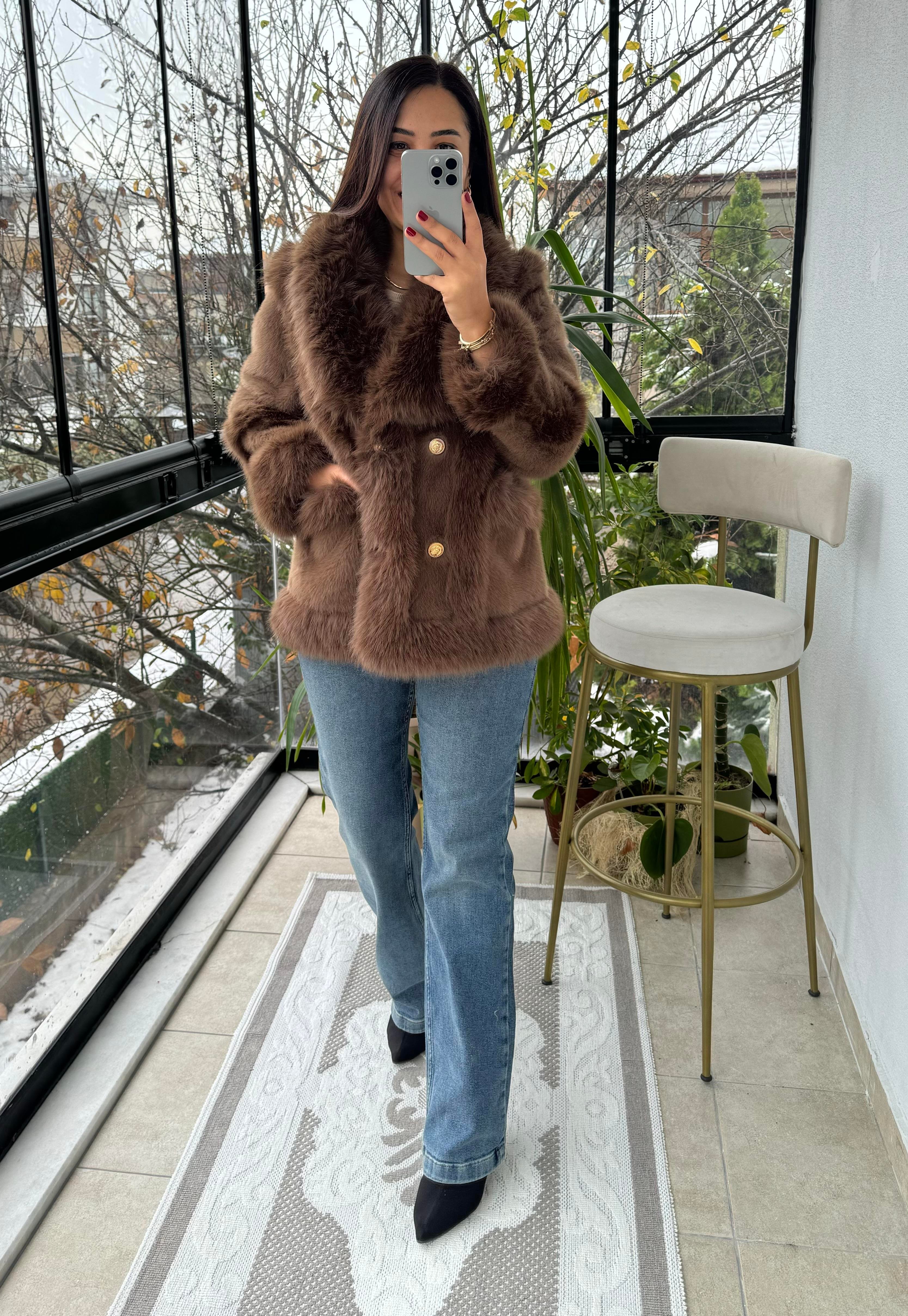 İthal Önü Cepli Kürk Mont Kahve