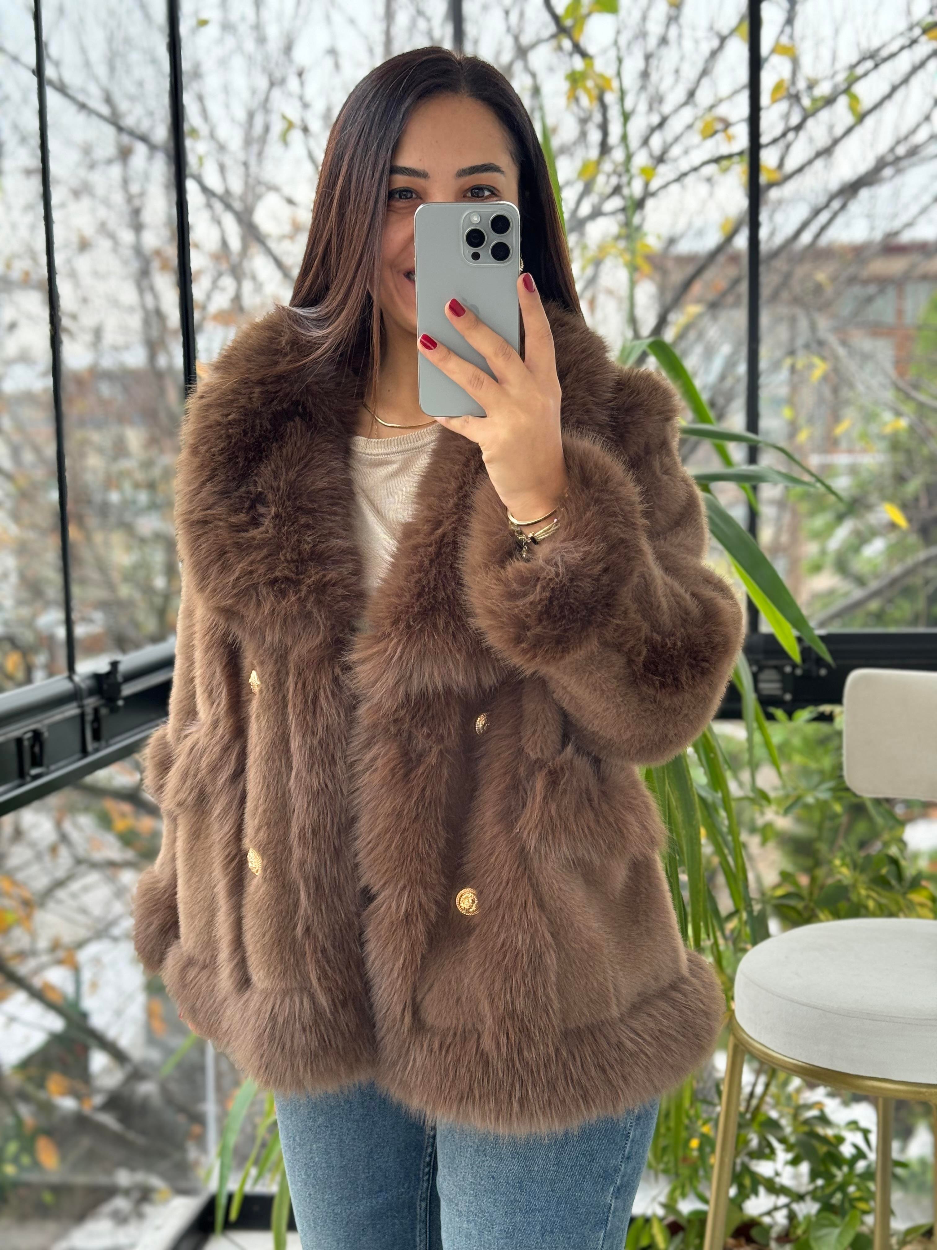 İthal Önü Cepli Kürk Mont Kahve