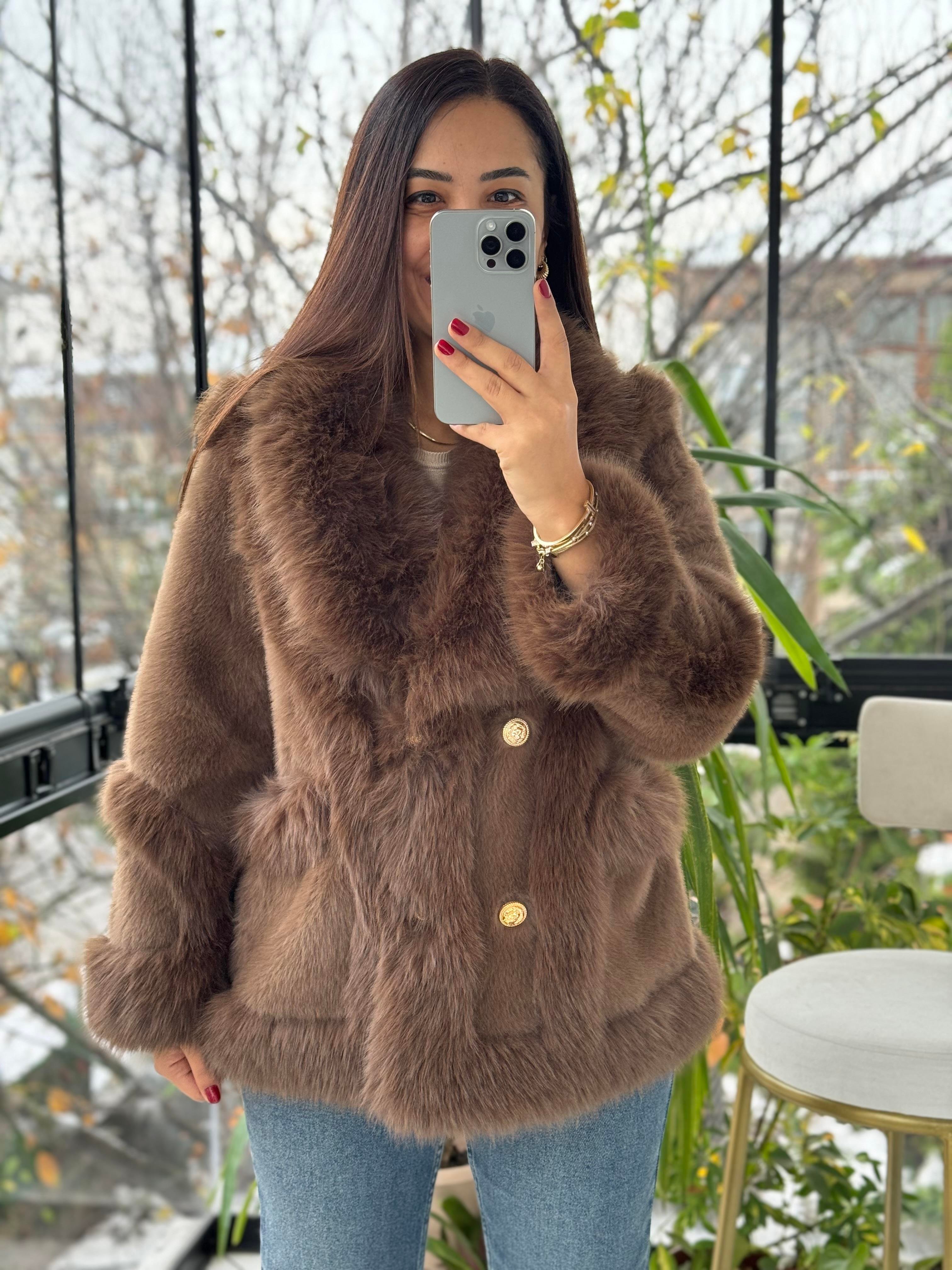 İthal Önü Cepli Kürk Mont Kahve