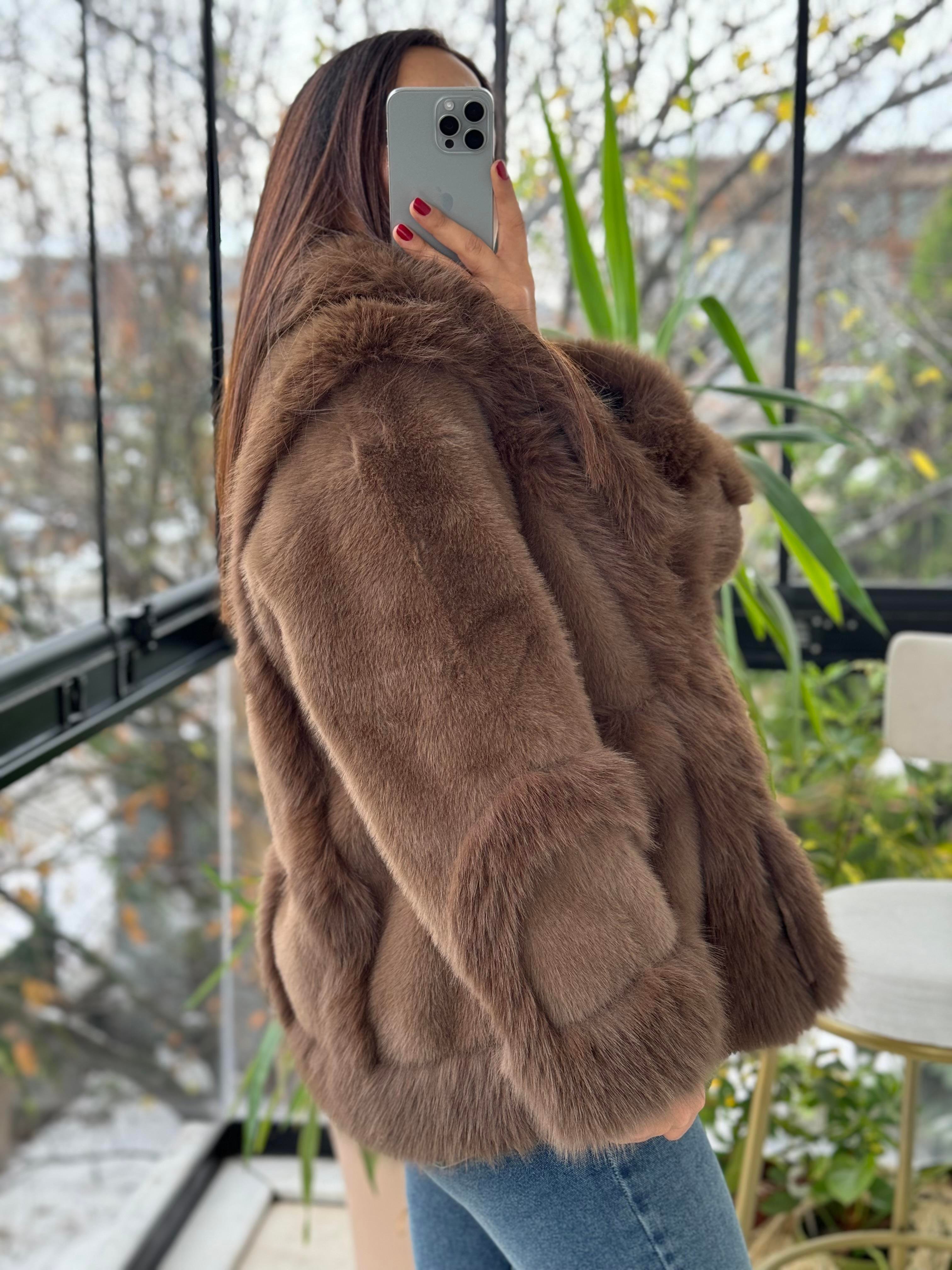 İthal Önü Cepli Kürk Mont Kahve