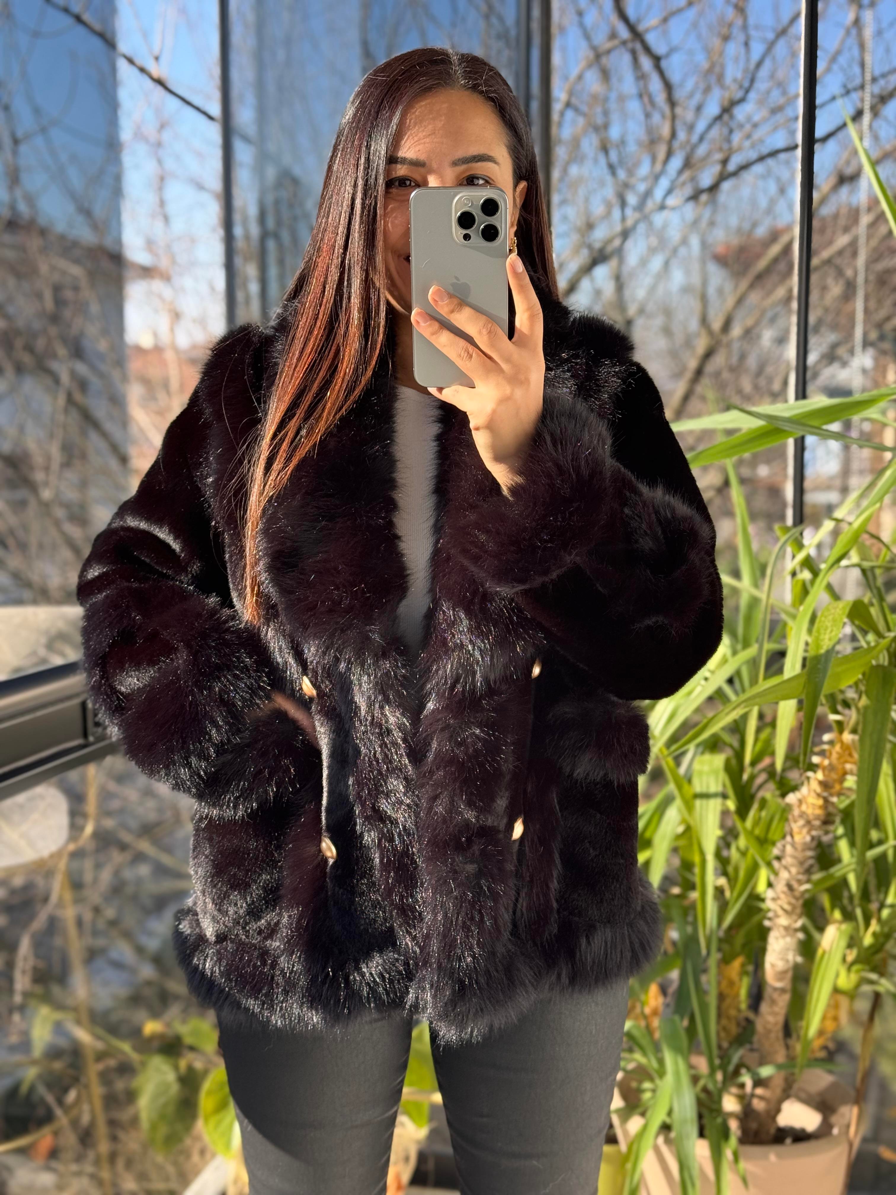 İthal Önü Cepli Kürk Mont Siyah