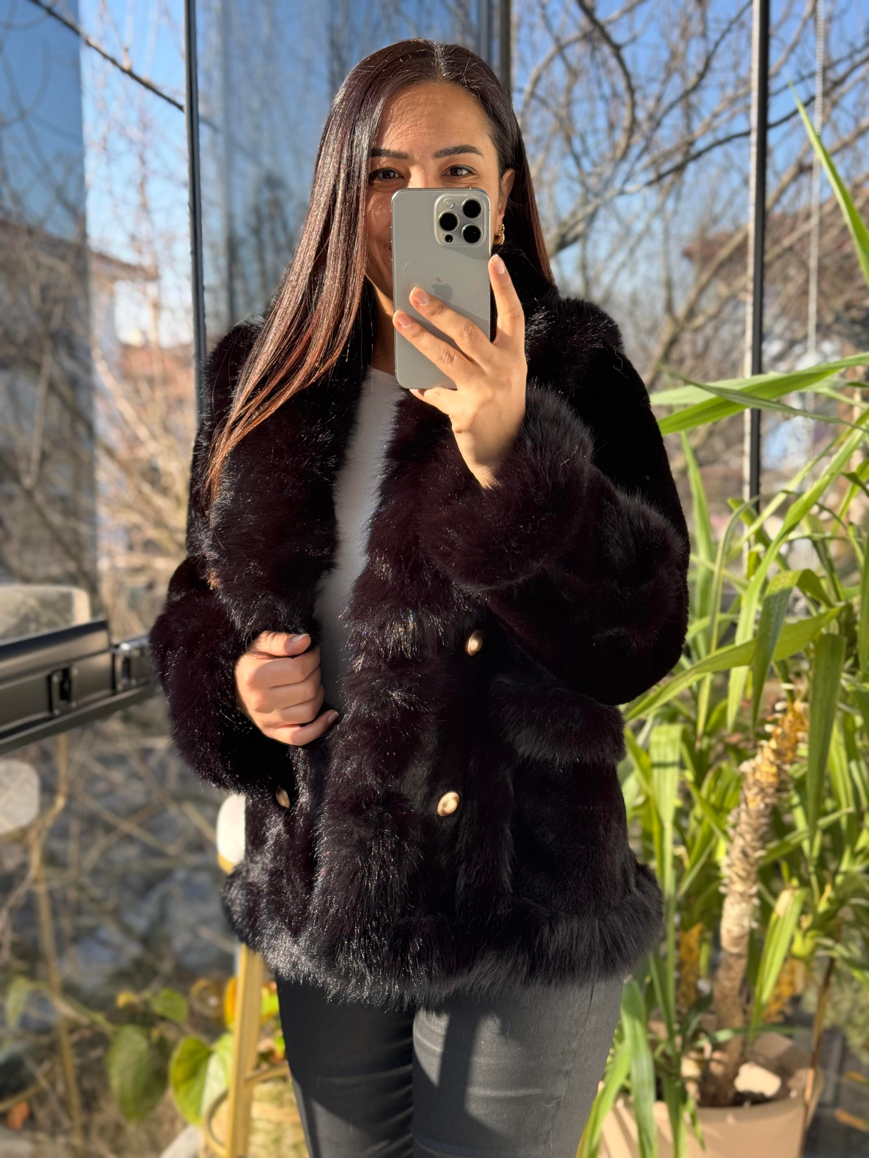 İthal Önü Cepli Kürk Mont Siyah