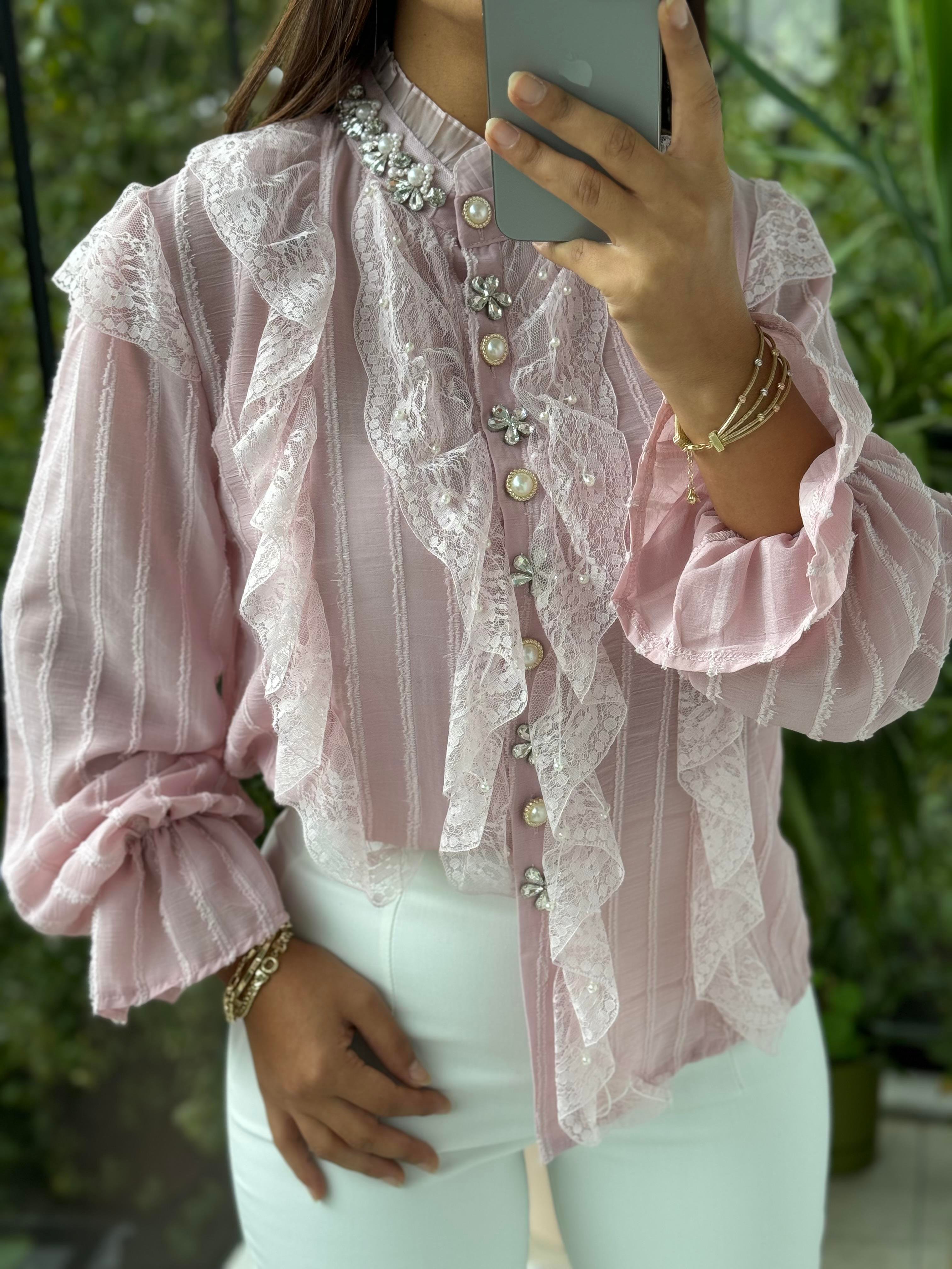 İthal Önü Dantelli Taşlı Bluz Pembe