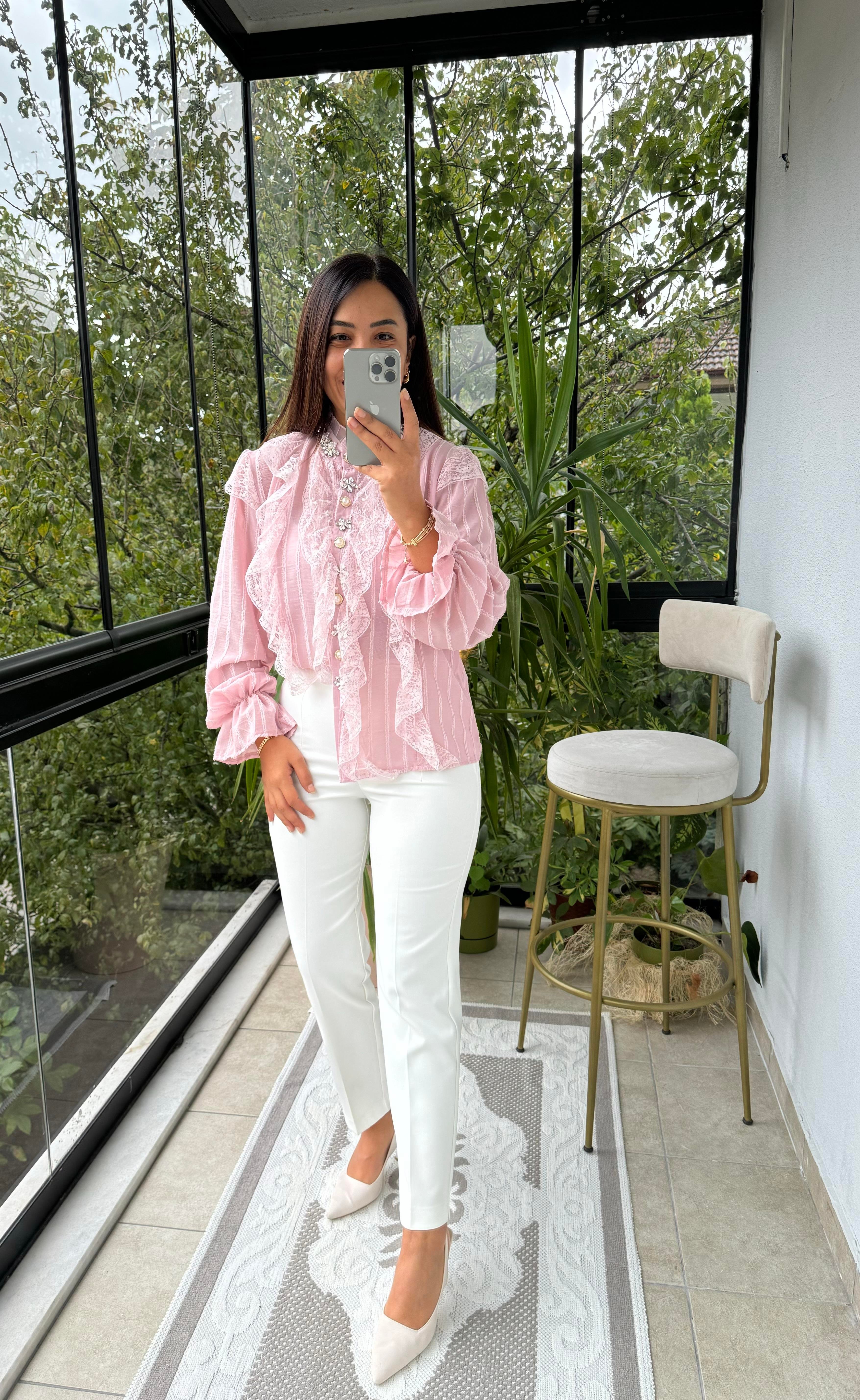 İthal Önü Dantelli Taşlı Bluz Pembe