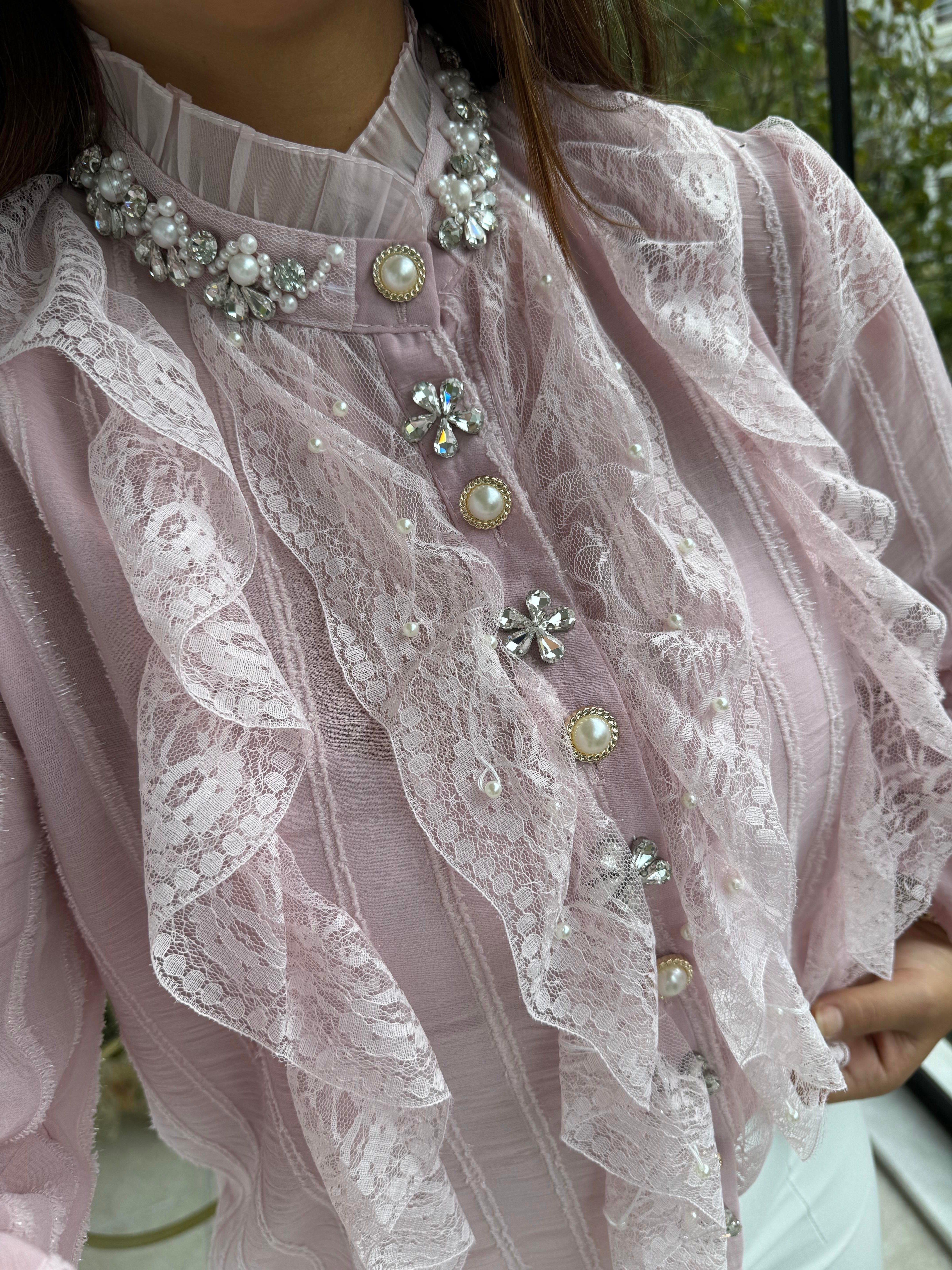 İthal Önü Dantelli Taşlı Bluz Pembe