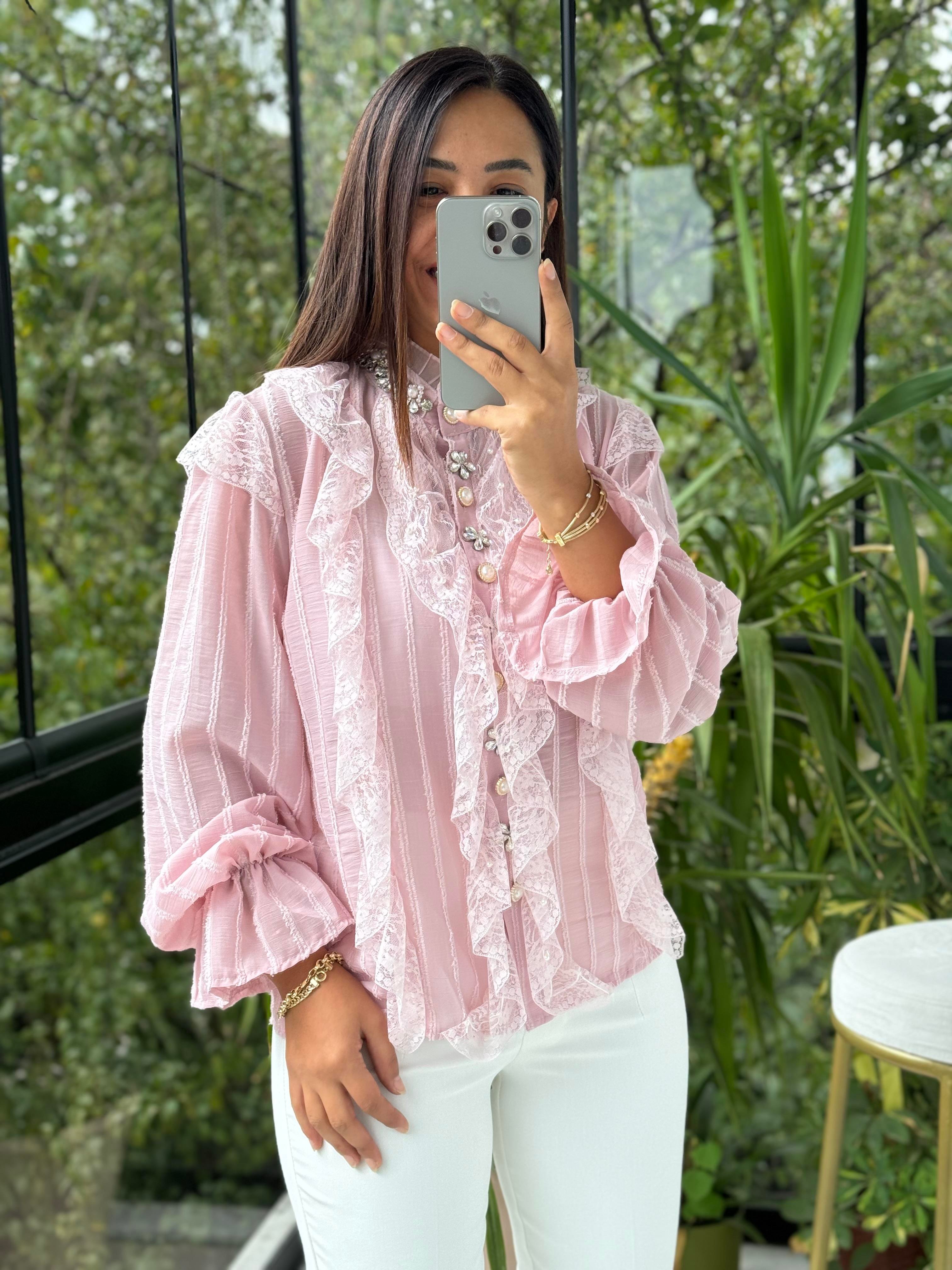 İthal Önü Dantelli Taşlı Bluz Pembe