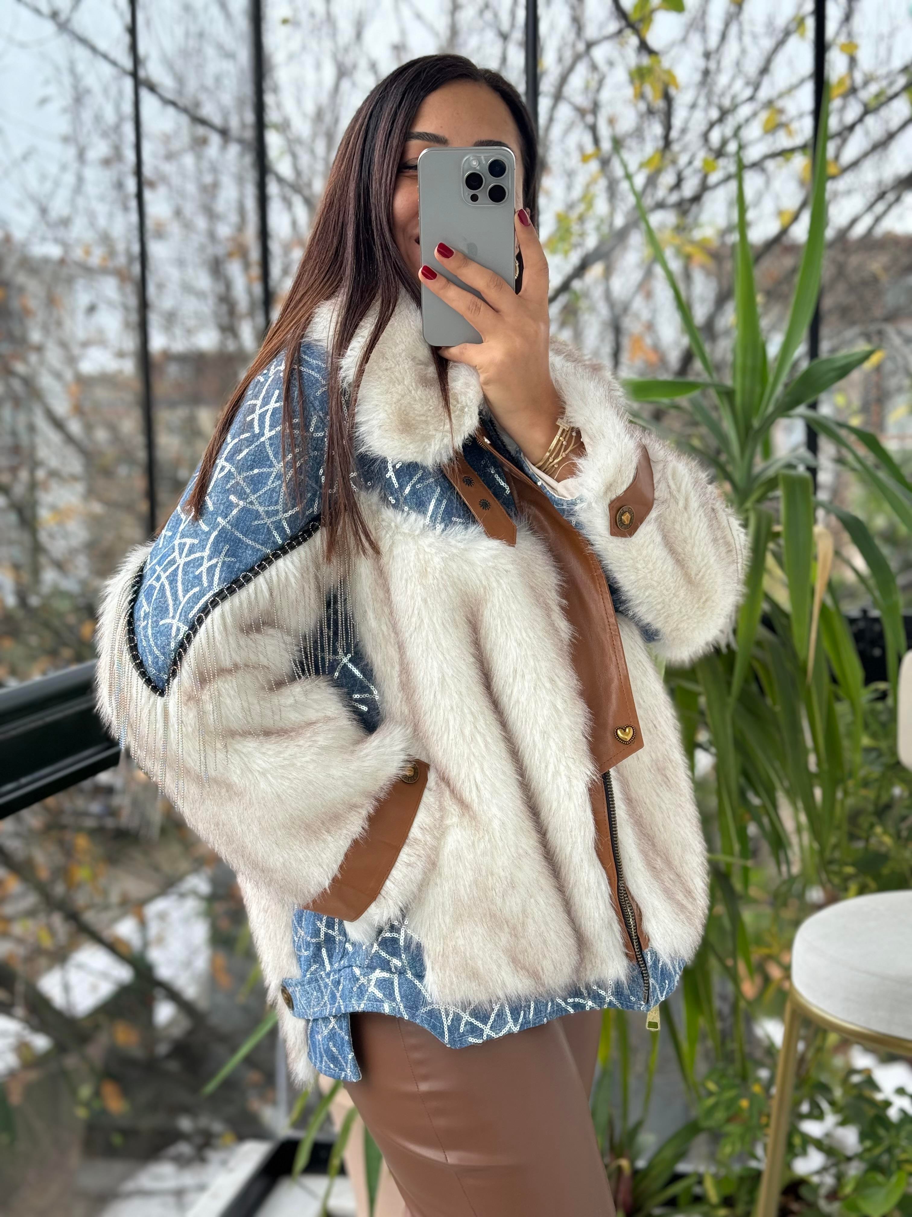 İthal Payetli Kürklü Deri Detaylı Mont Mavi