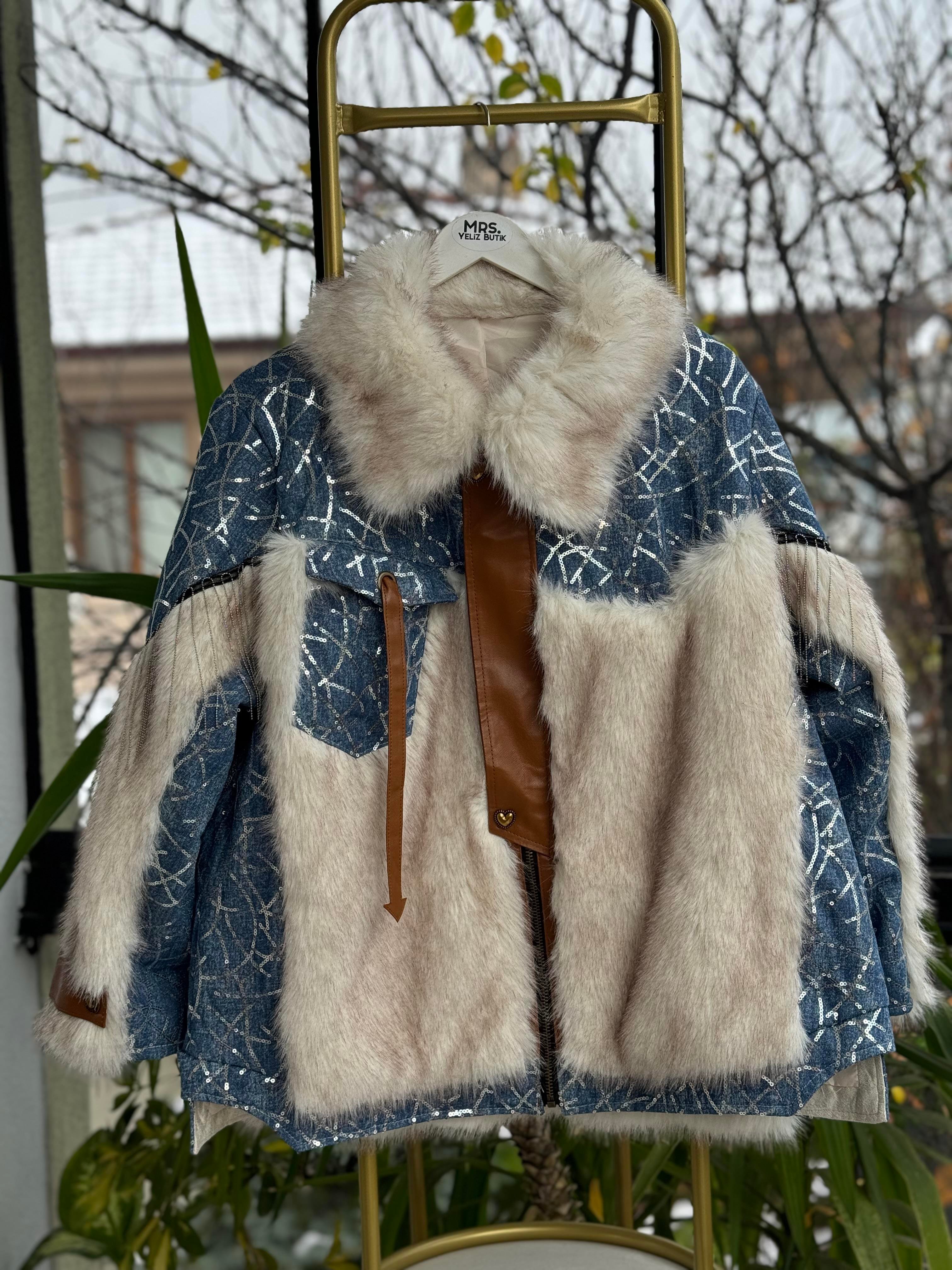 İthal Payetli Kürklü Deri Detaylı Mont Mavi