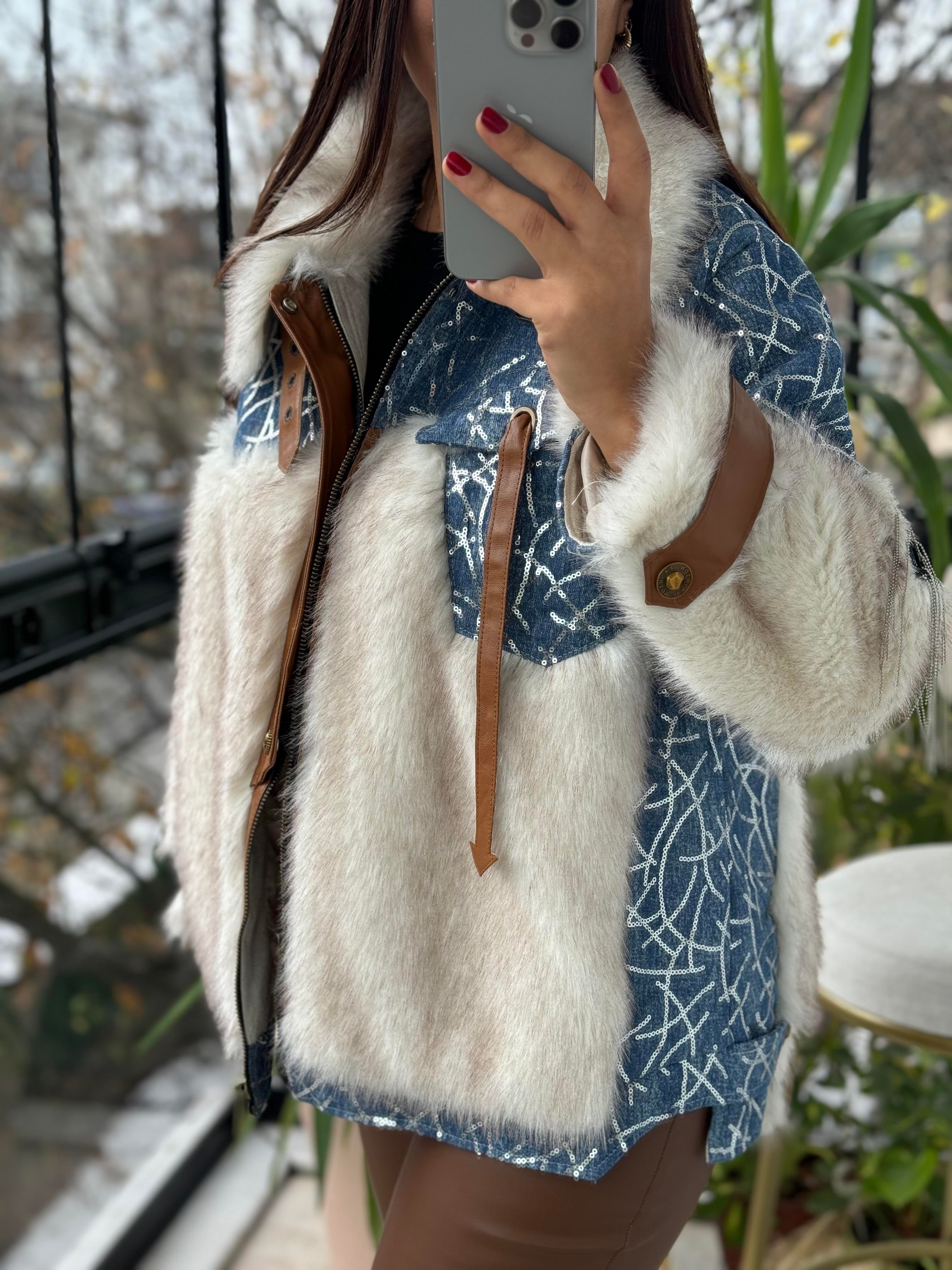 İthal Payetli Kürklü Deri Detaylı Mont Mavi