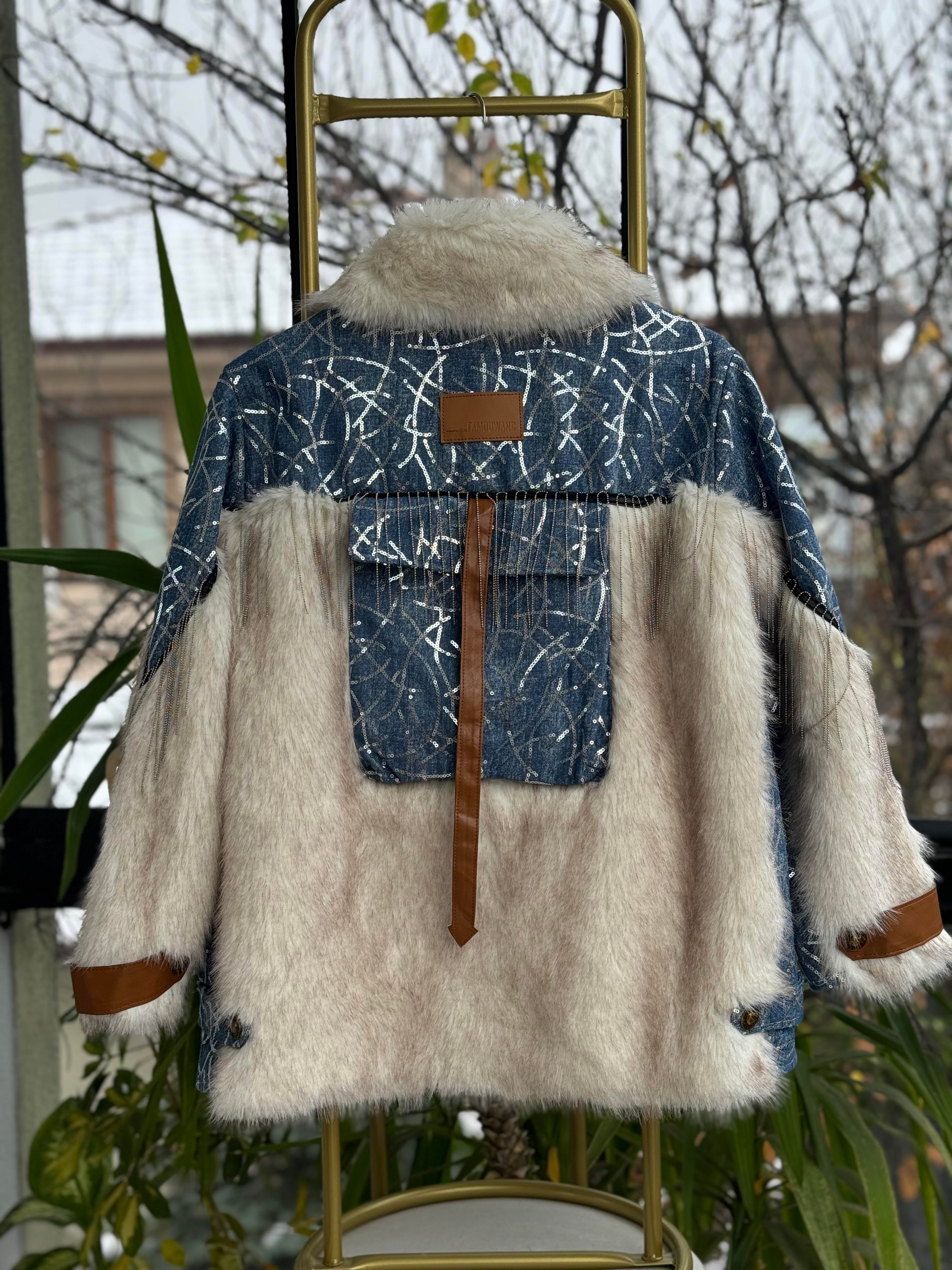 İthal Payetli Kürklü Deri Detaylı Mont Mavi