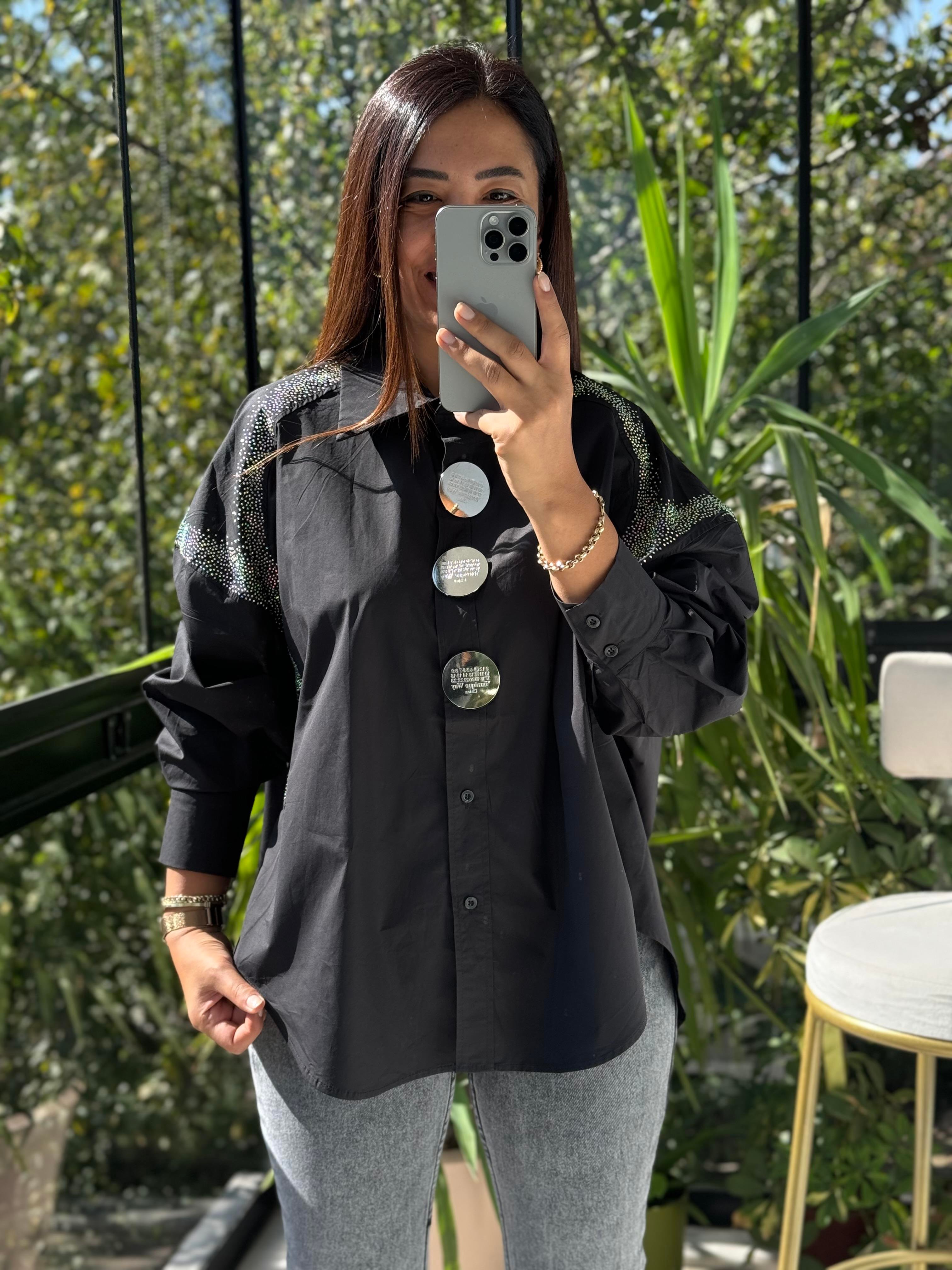 İthal Pullu Broş Detaylı Gömlek Siyah