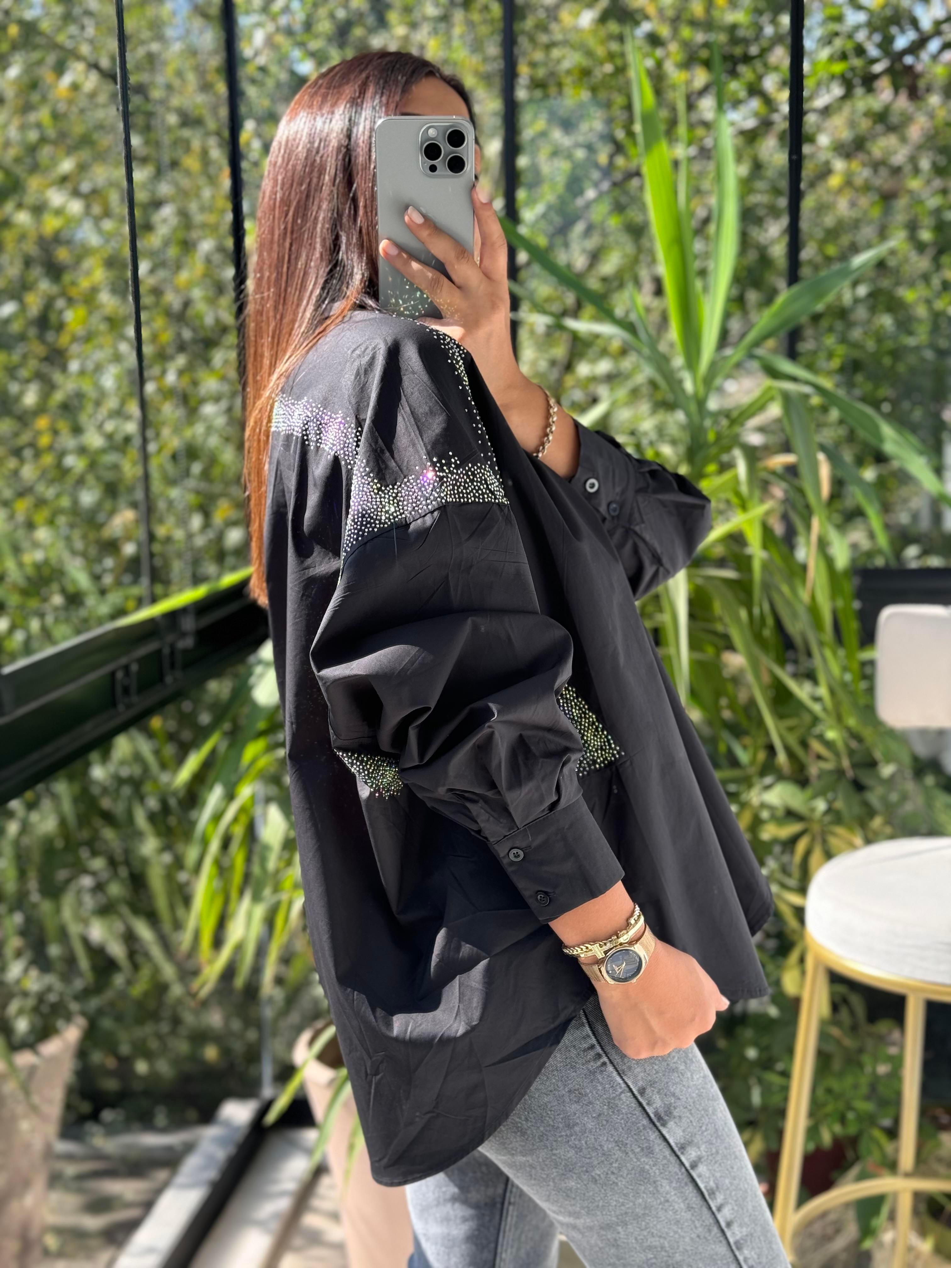 İthal Pullu Broş Detaylı Gömlek Siyah