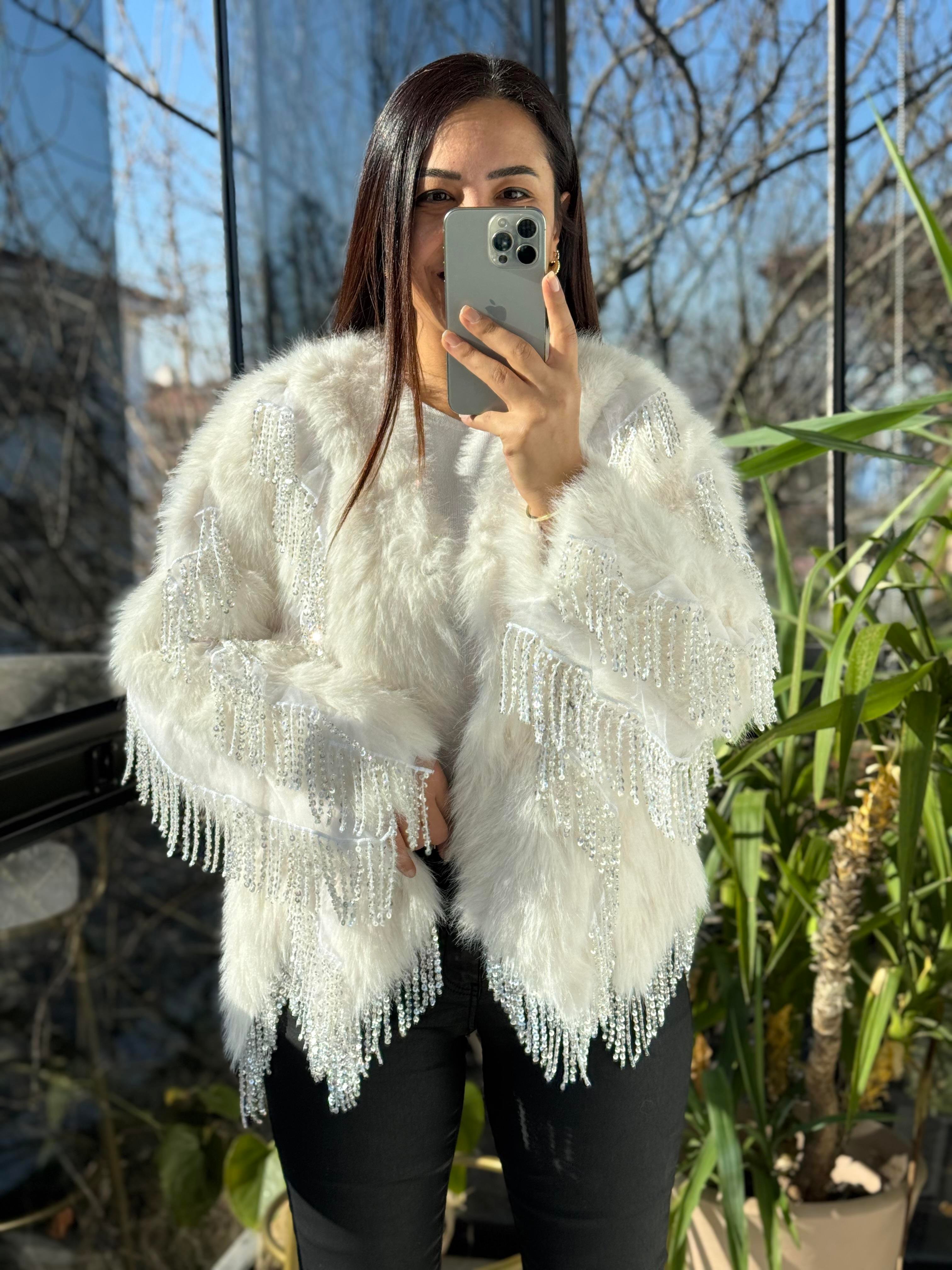 İthal Sallantılı Payetli Kürklü Ceket Krem