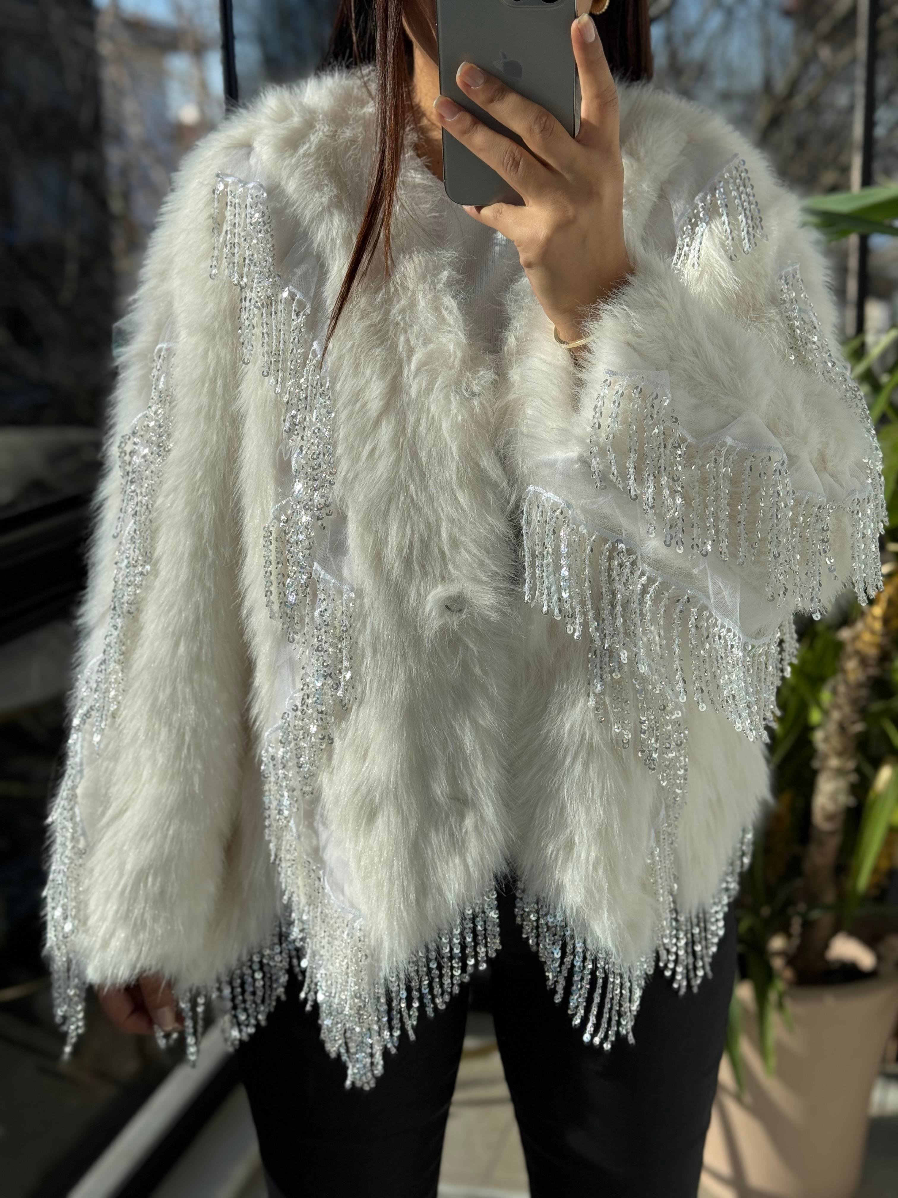 İthal Sallantılı Payetli Kürklü Ceket Krem