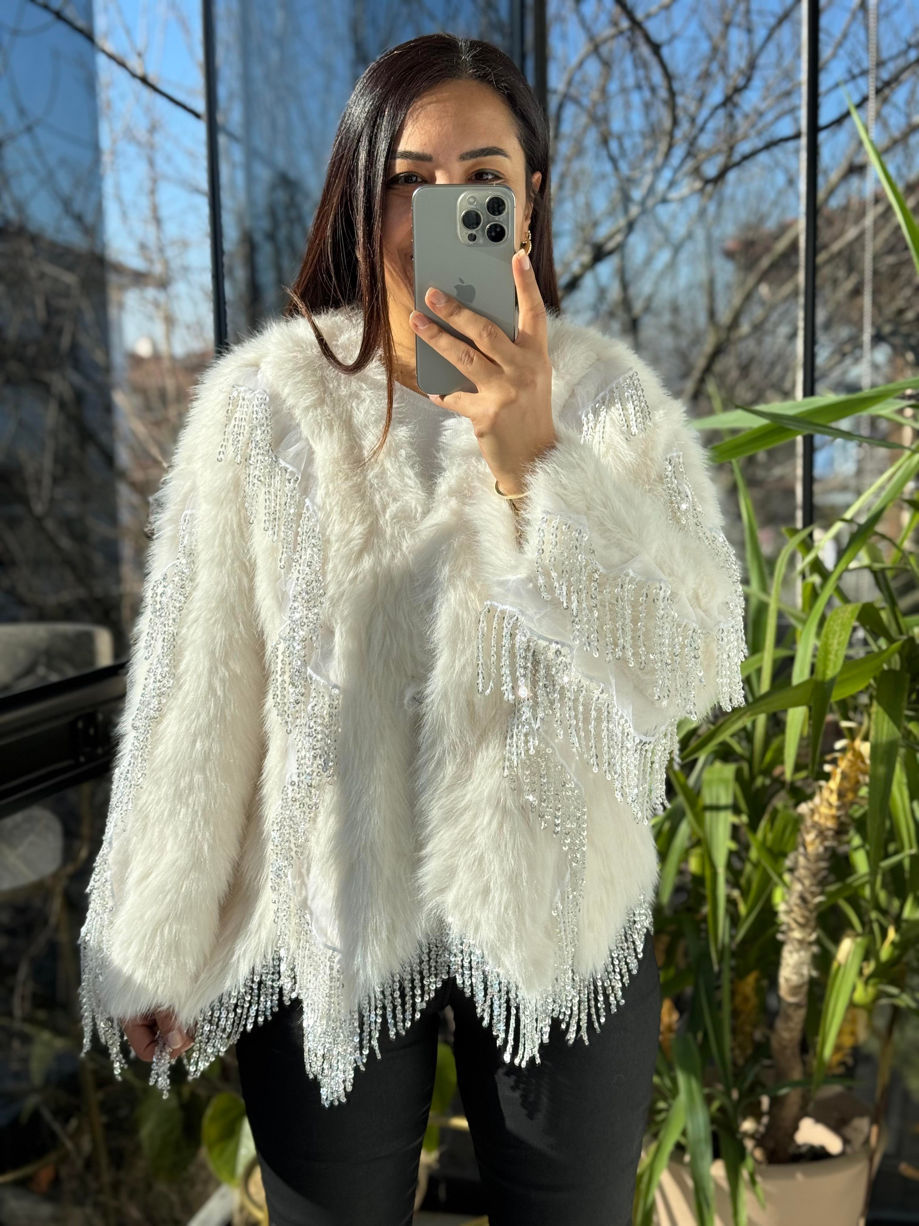 İthal Sallantılı Payetli Kürklü Ceket Krem